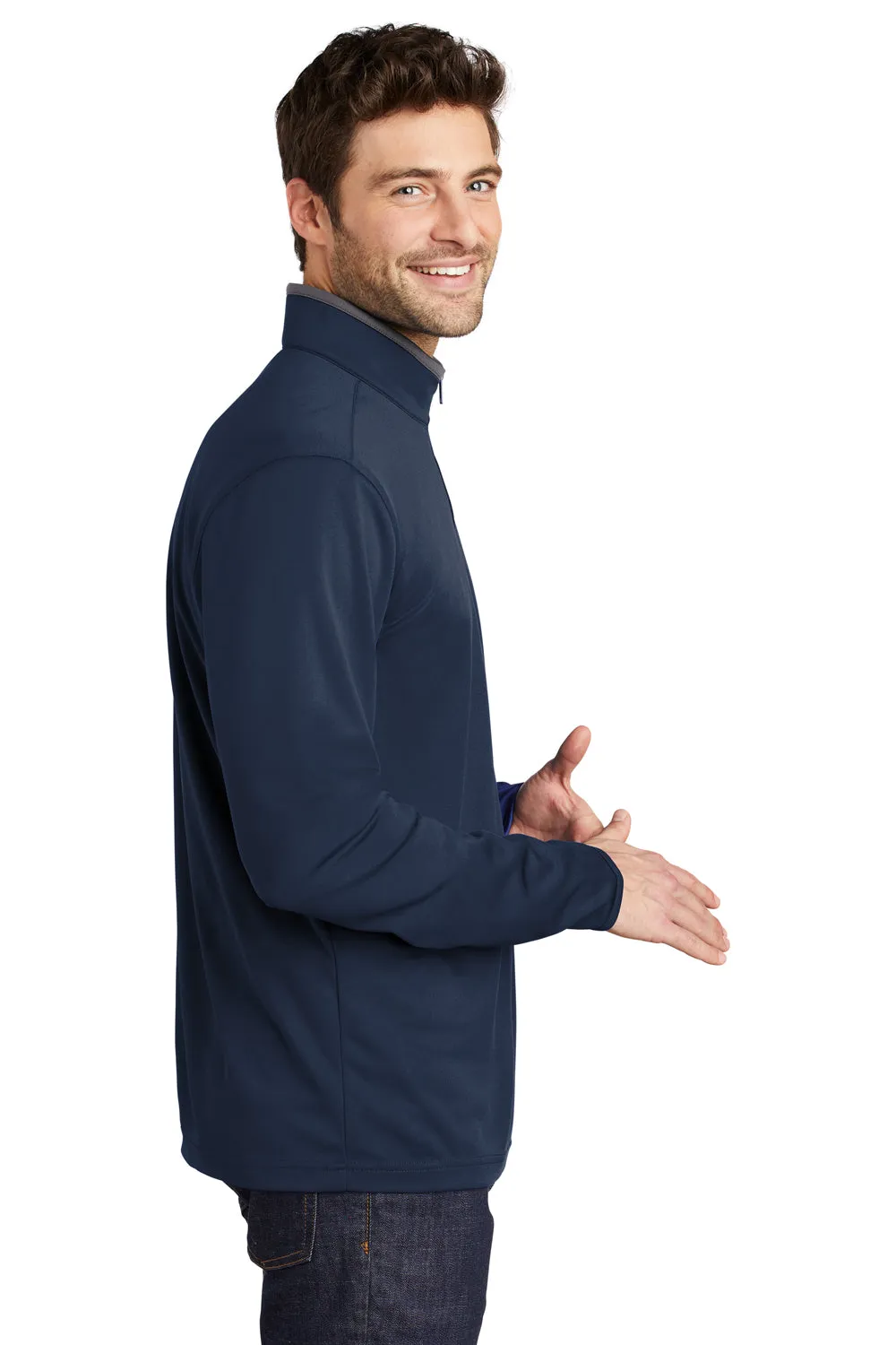 Port Authority Mens Silk Touch Performance Moisture Wicking 1/4 Zip Sweatshirt - Navy Blue/Steel Grey