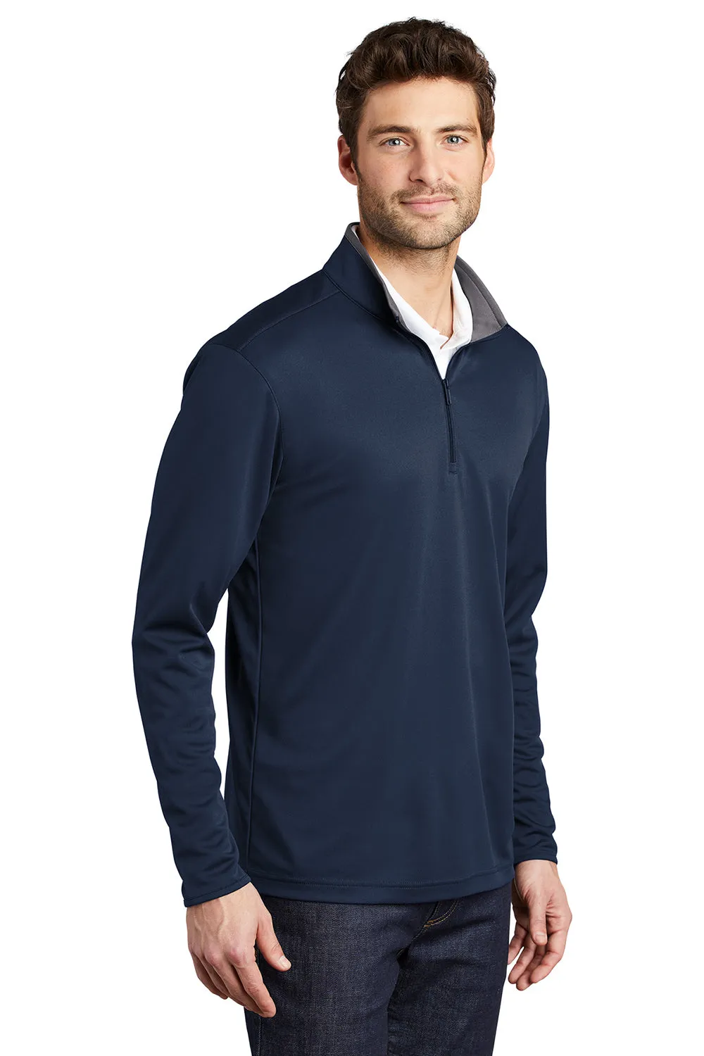 Port Authority Mens Silk Touch Performance Moisture Wicking 1/4 Zip Sweatshirt - Navy Blue/Steel Grey