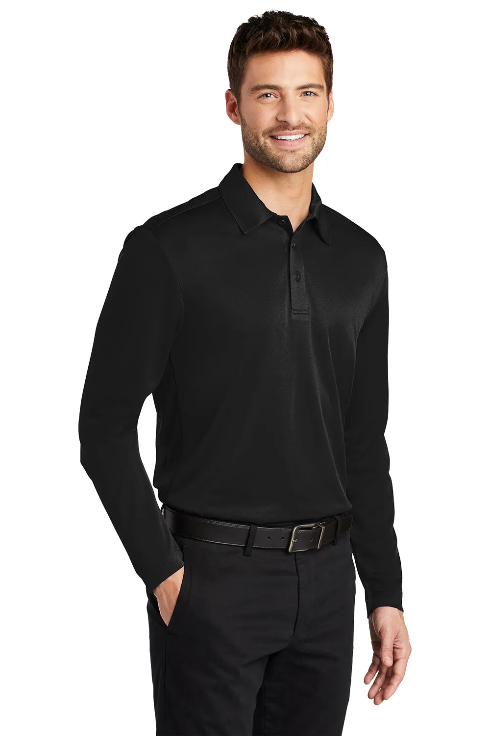Port Authority Mens Silk Touch Performance Moisture Wicking Long Sleeve Polo Shirt - Black