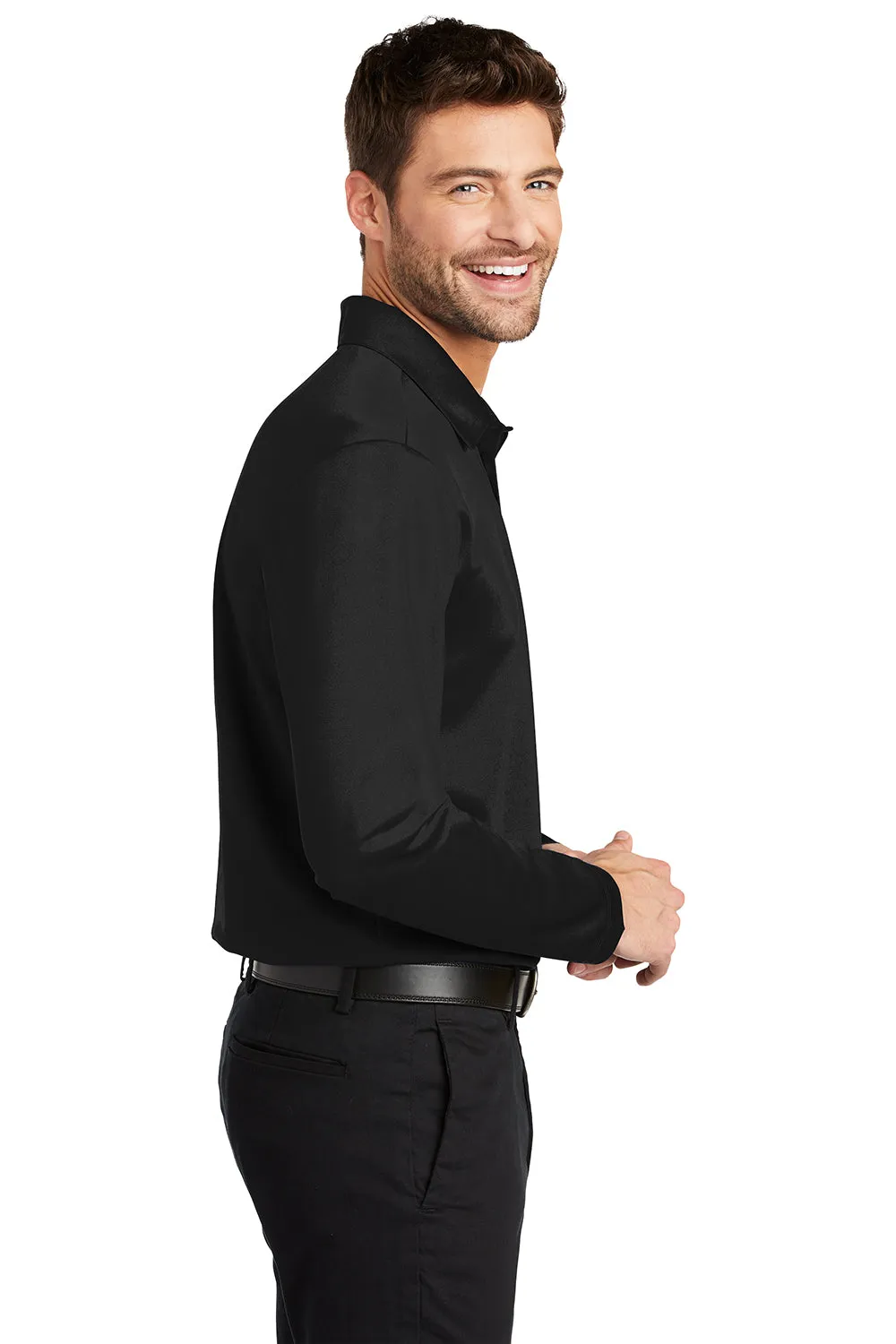 Port Authority Mens Silk Touch Performance Moisture Wicking Long Sleeve Polo Shirt - Black