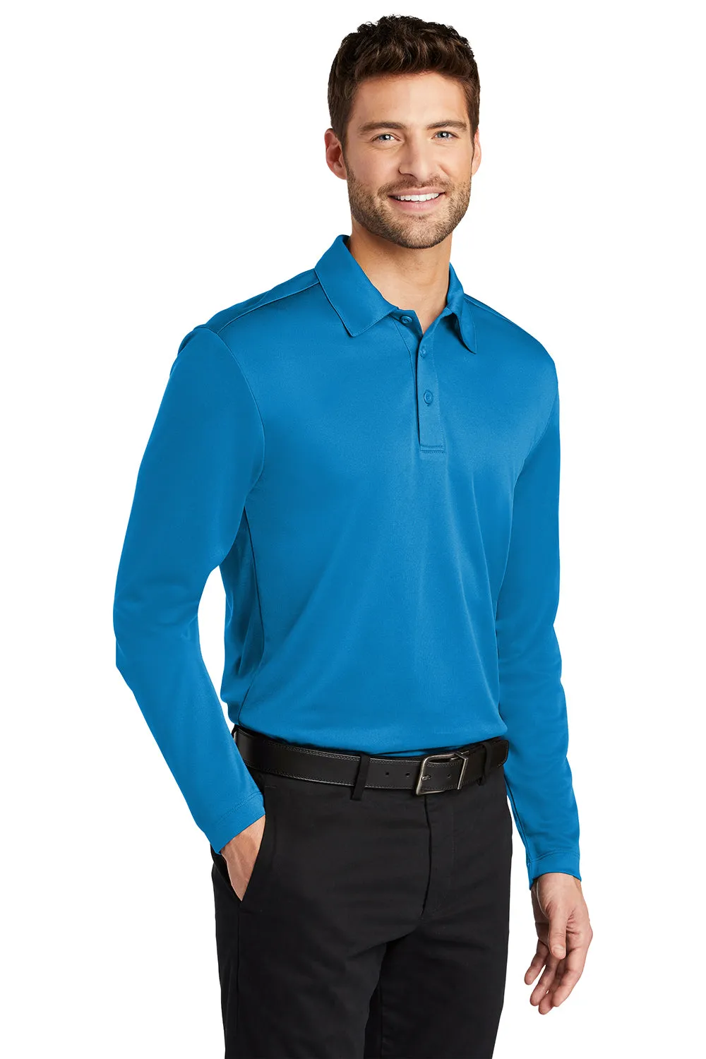 Port Authority Mens Silk Touch Performance Moisture Wicking Long Sleeve Polo Shirt - Brilliant Blue