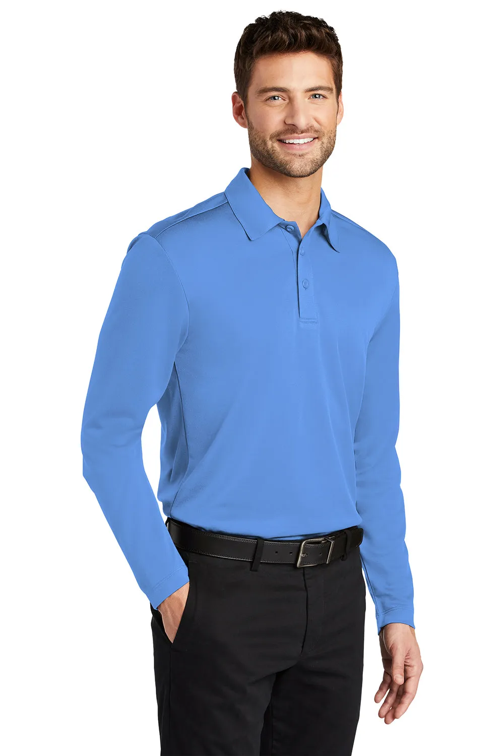 Port Authority Mens Silk Touch Performance Moisture Wicking Long Sleeve Polo Shirt - Carolina Blue