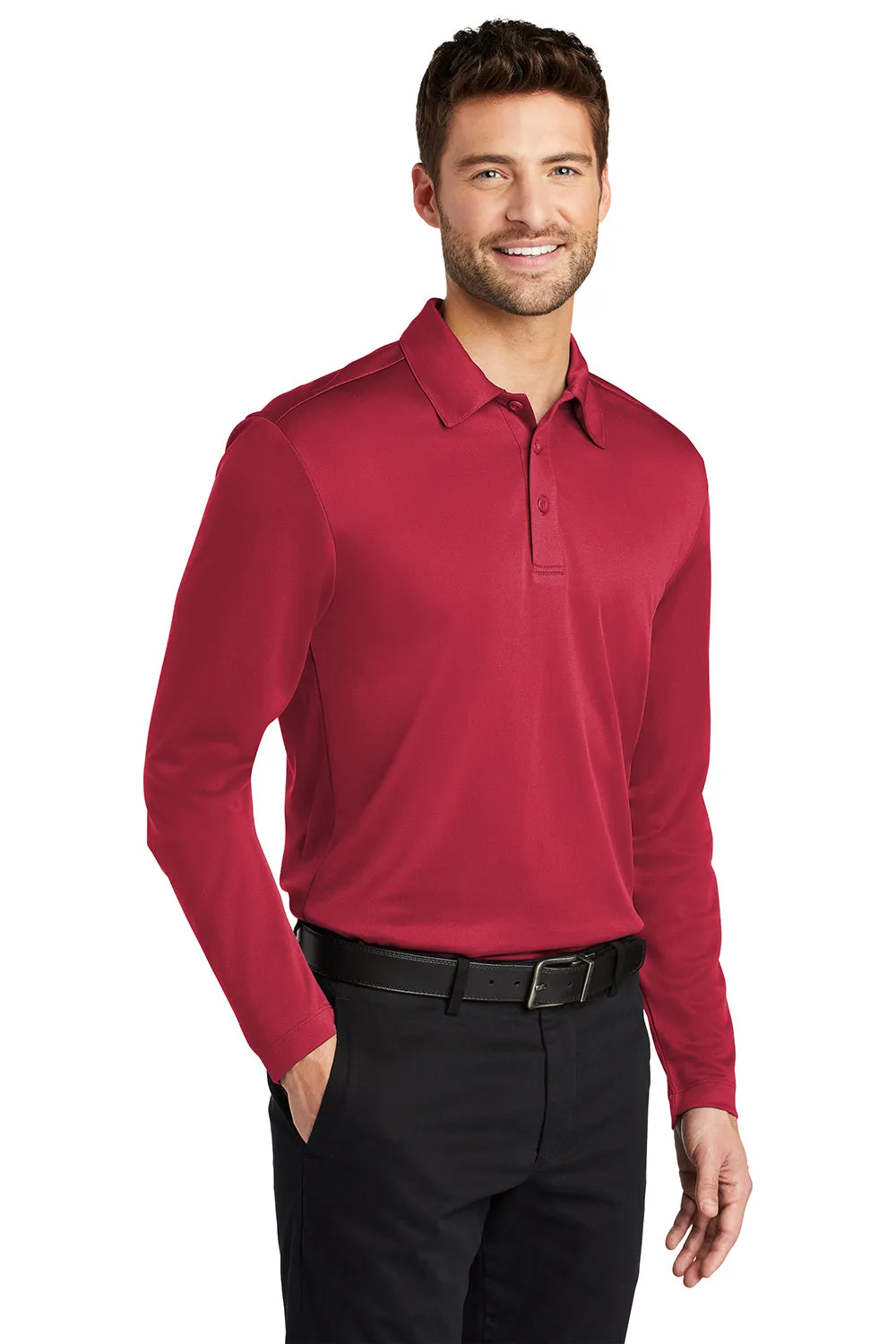 Port Authority Mens Silk Touch Performance Moisture Wicking Long Sleeve Polo Shirt - Red