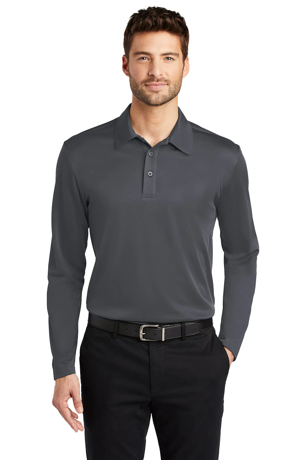 Port Authority Mens Silk Touch Performance Moisture Wicking Long Sleeve Polo Shirt - Steel Grey