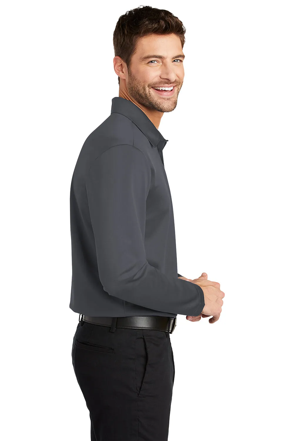 Port Authority Mens Silk Touch Performance Moisture Wicking Long Sleeve Polo Shirt - Steel Grey