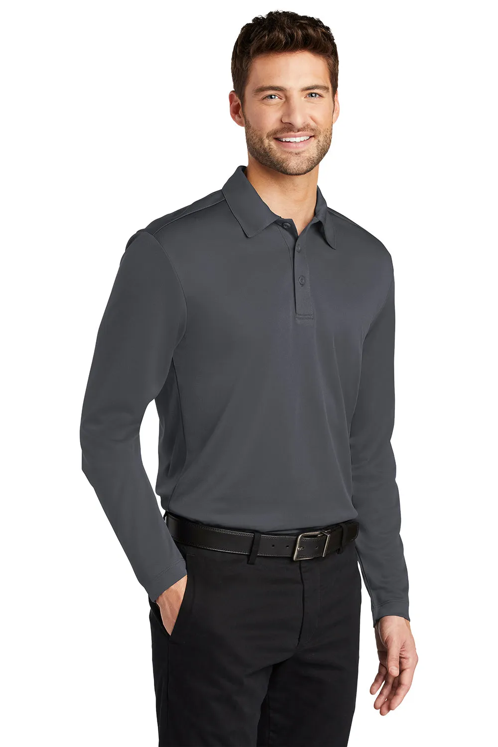 Port Authority Mens Silk Touch Performance Moisture Wicking Long Sleeve Polo Shirt - Steel Grey