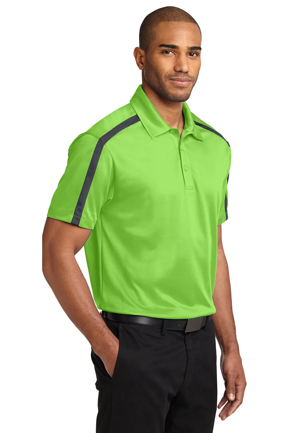 Port Authority Mens Silk Touch Performance Moisture Wicking Short Sleeve Polo Shirt - Lime Green/Steel Grey