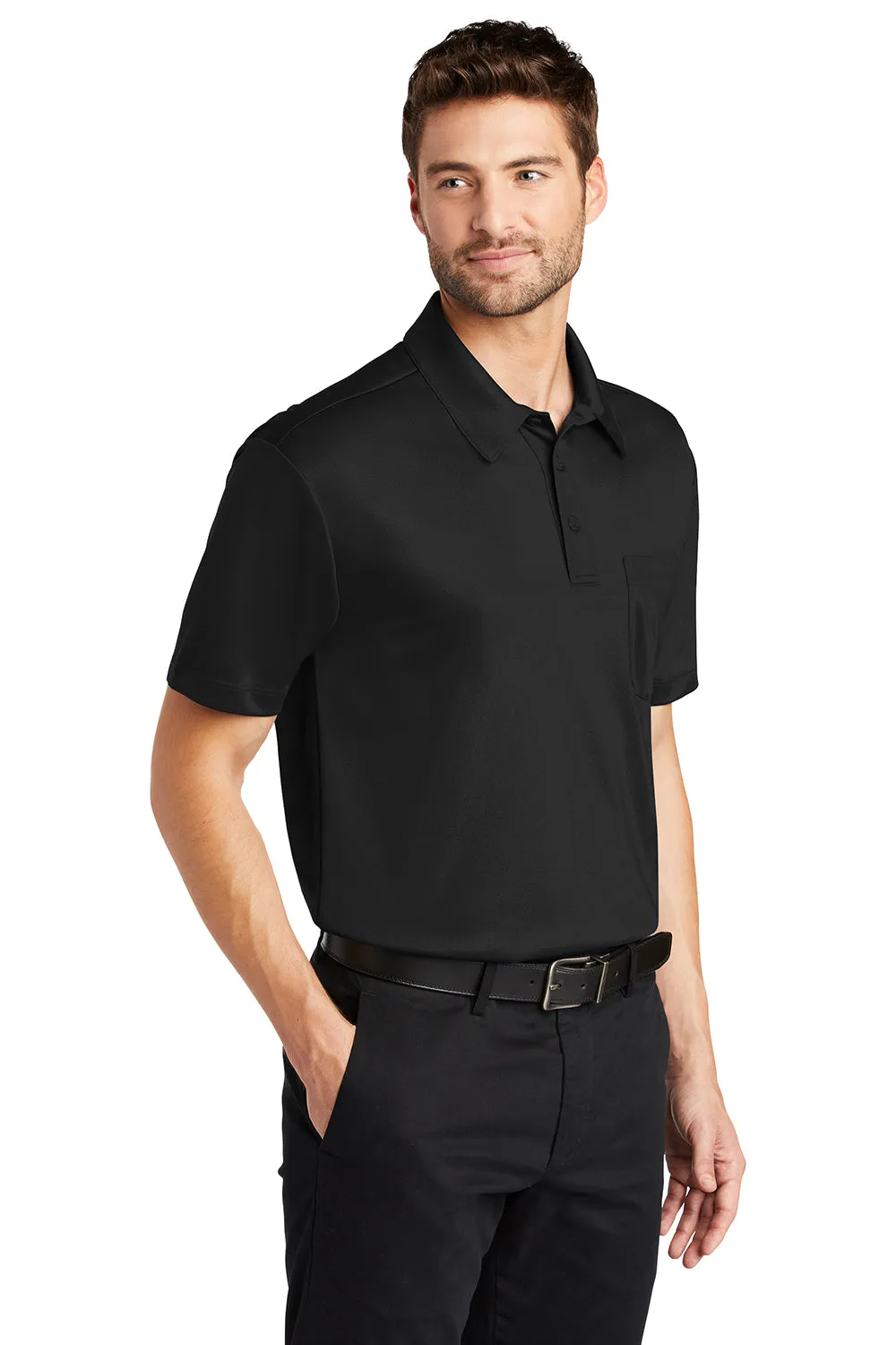 Port Authority Mens Silk Touch Performance Moisture Wicking Short Sleeve Polo Shirt w/ Pocket - Black