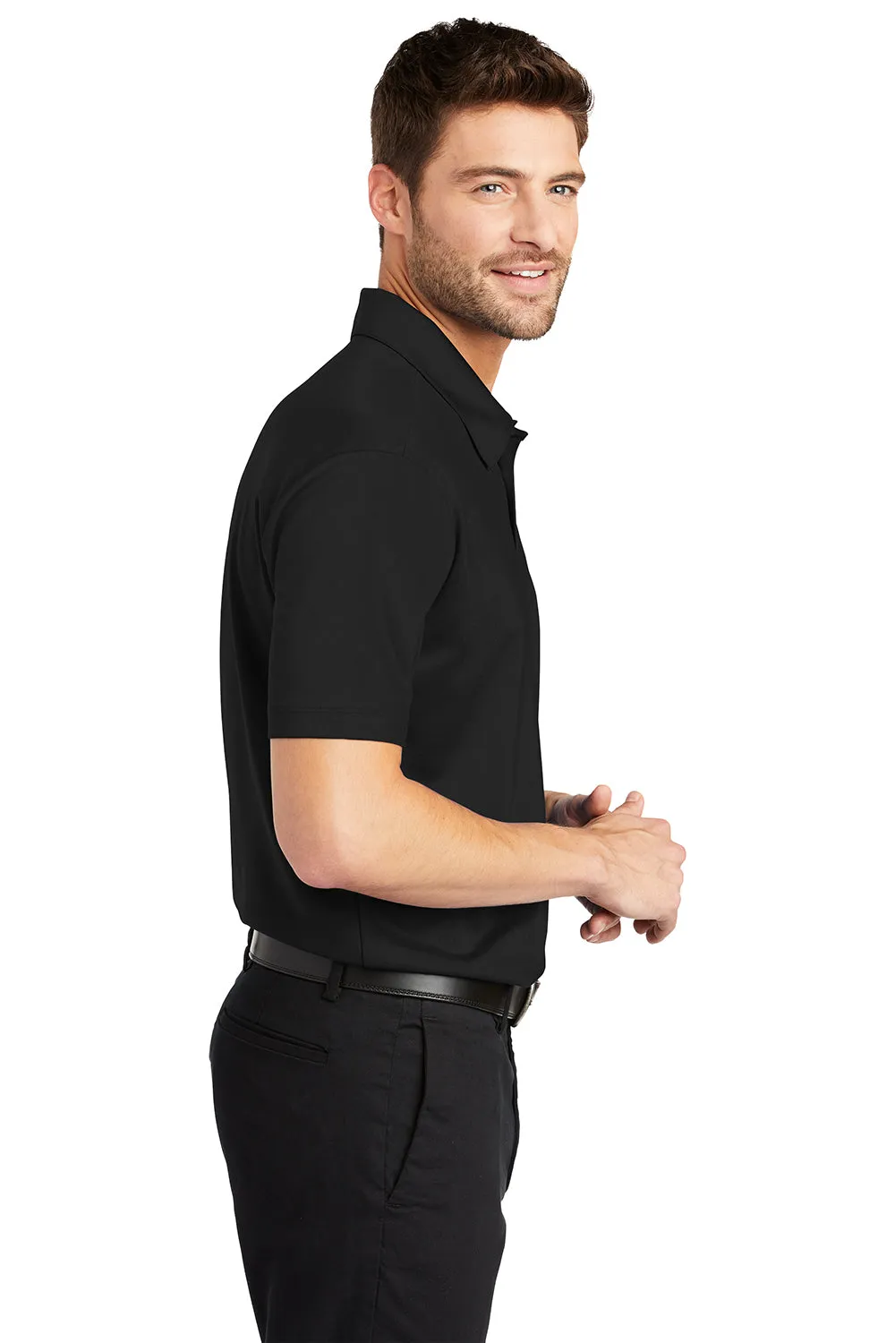 Port Authority Mens Silk Touch Performance Moisture Wicking Short Sleeve Polo Shirt w/ Pocket - Black