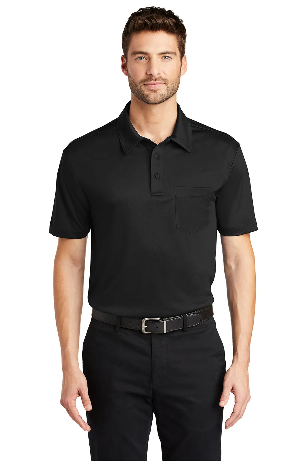 Port Authority Mens Silk Touch Performance Moisture Wicking Short Sleeve Polo Shirt w/ Pocket - Black