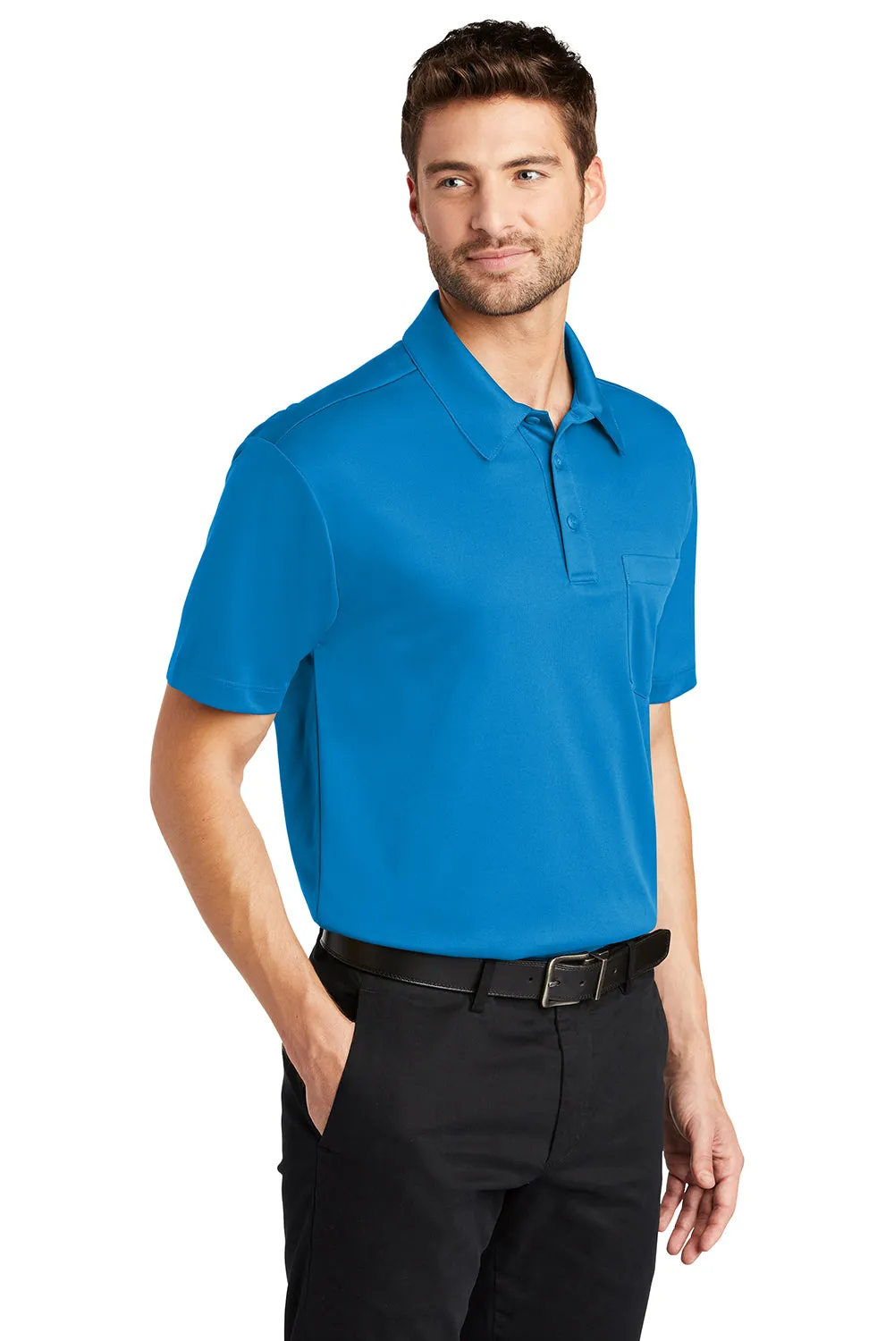 Port Authority Mens Silk Touch Performance Moisture Wicking Short Sleeve Polo Shirt w/ Pocket - Brilliant Blue