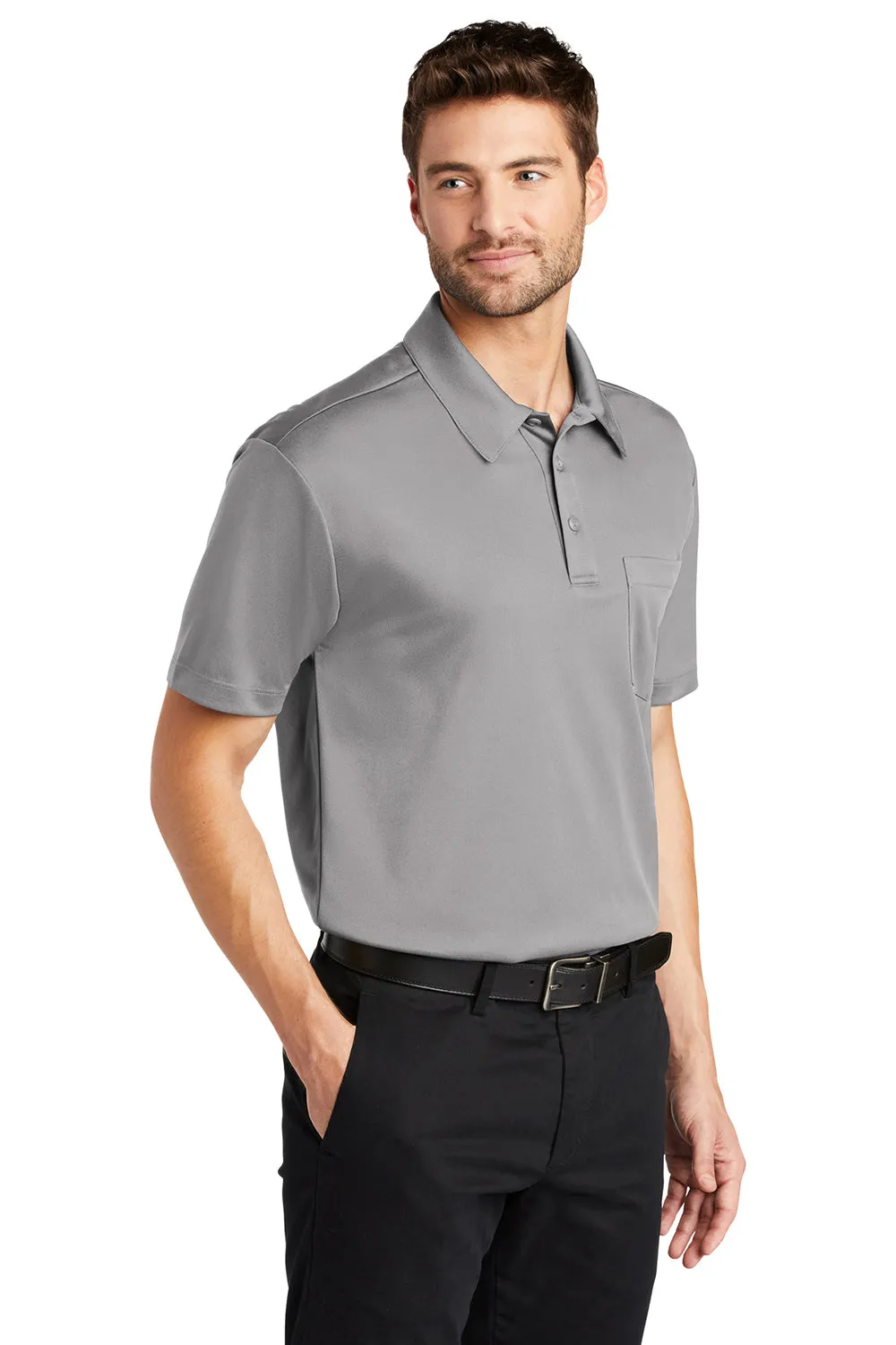 Port Authority Mens Silk Touch Performance Moisture Wicking Short Sleeve Polo Shirt w/ Pocket - Gusty Grey