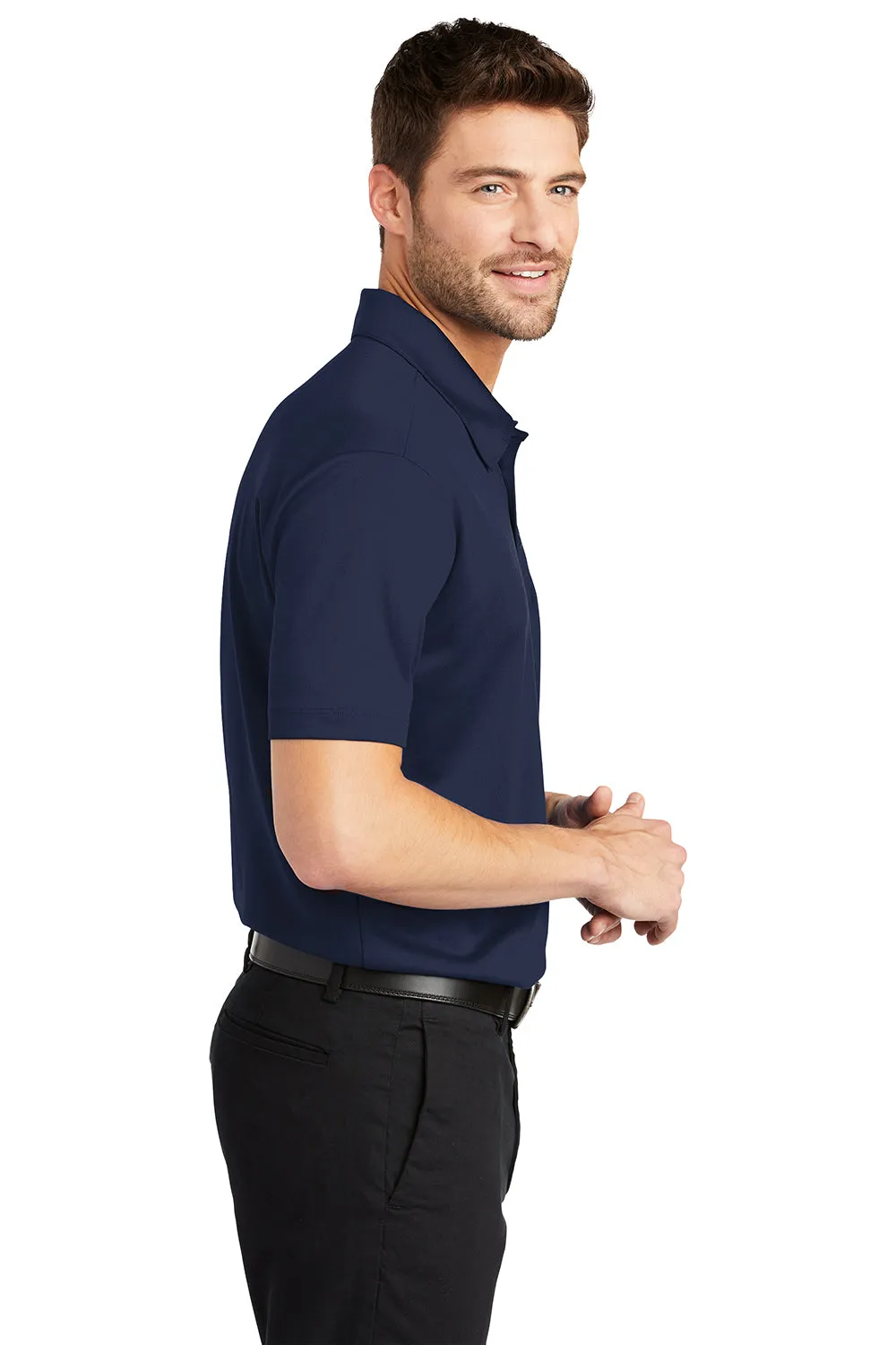 Port Authority Mens Silk Touch Performance Moisture Wicking Short Sleeve Polo Shirt w/ Pocket - Navy Blue