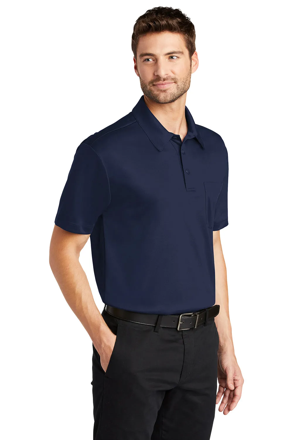 Port Authority Mens Silk Touch Performance Moisture Wicking Short Sleeve Polo Shirt w/ Pocket - Navy Blue