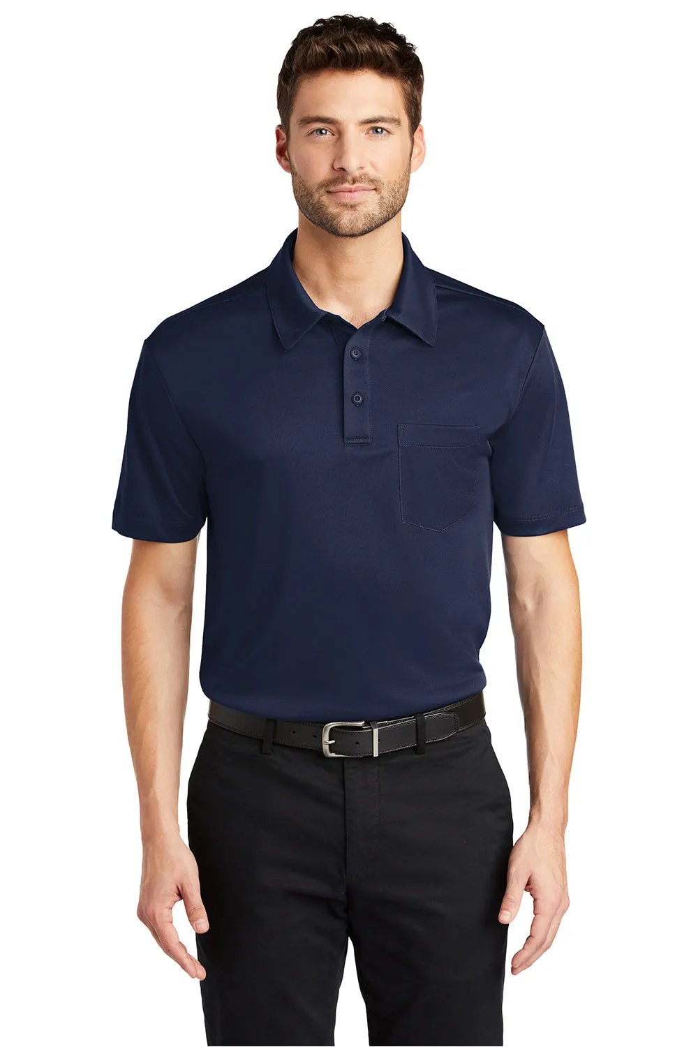 Port Authority Mens Silk Touch Performance Moisture Wicking Short Sleeve Polo Shirt w/ Pocket - Navy Blue