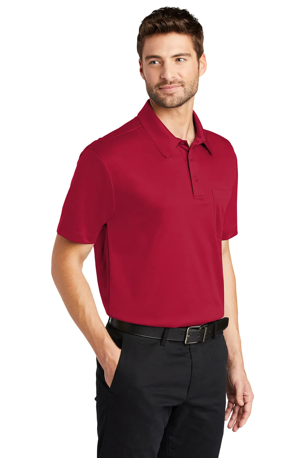 Port Authority Mens Silk Touch Performance Moisture Wicking Short Sleeve Polo Shirt w/ Pocket - Red