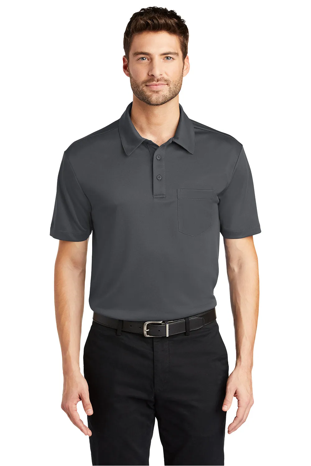 Port Authority Mens Silk Touch Performance Moisture Wicking Short Sleeve Polo Shirt w/ Pocket - Steel Grey