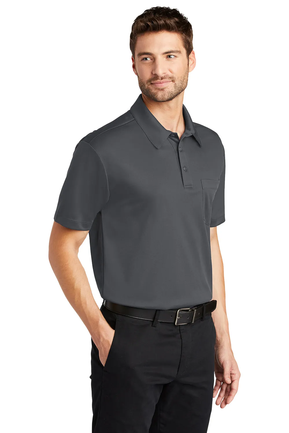 Port Authority Mens Silk Touch Performance Moisture Wicking Short Sleeve Polo Shirt w/ Pocket - Steel Grey