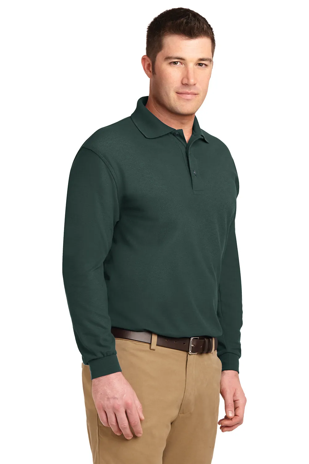 Port Authority Mens Silk Touch Wrinkle Resistant Long Sleeve Polo Shirt - Dark Green