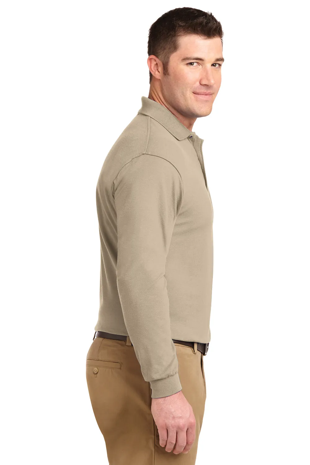 Port Authority Mens Silk Touch Wrinkle Resistant Long Sleeve Polo Shirt - Stone - Closeout