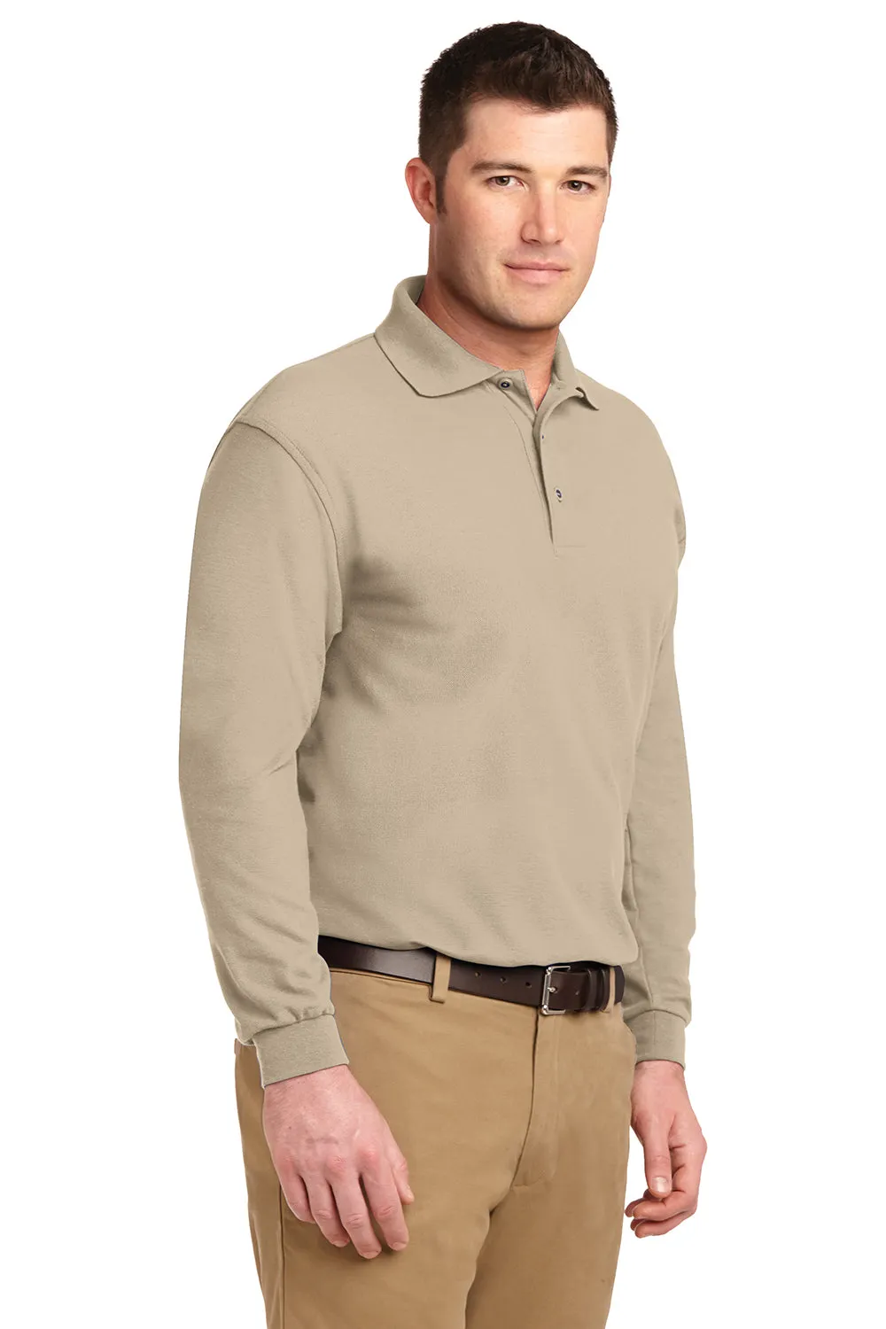 Port Authority Mens Silk Touch Wrinkle Resistant Long Sleeve Polo Shirt - Stone - Closeout