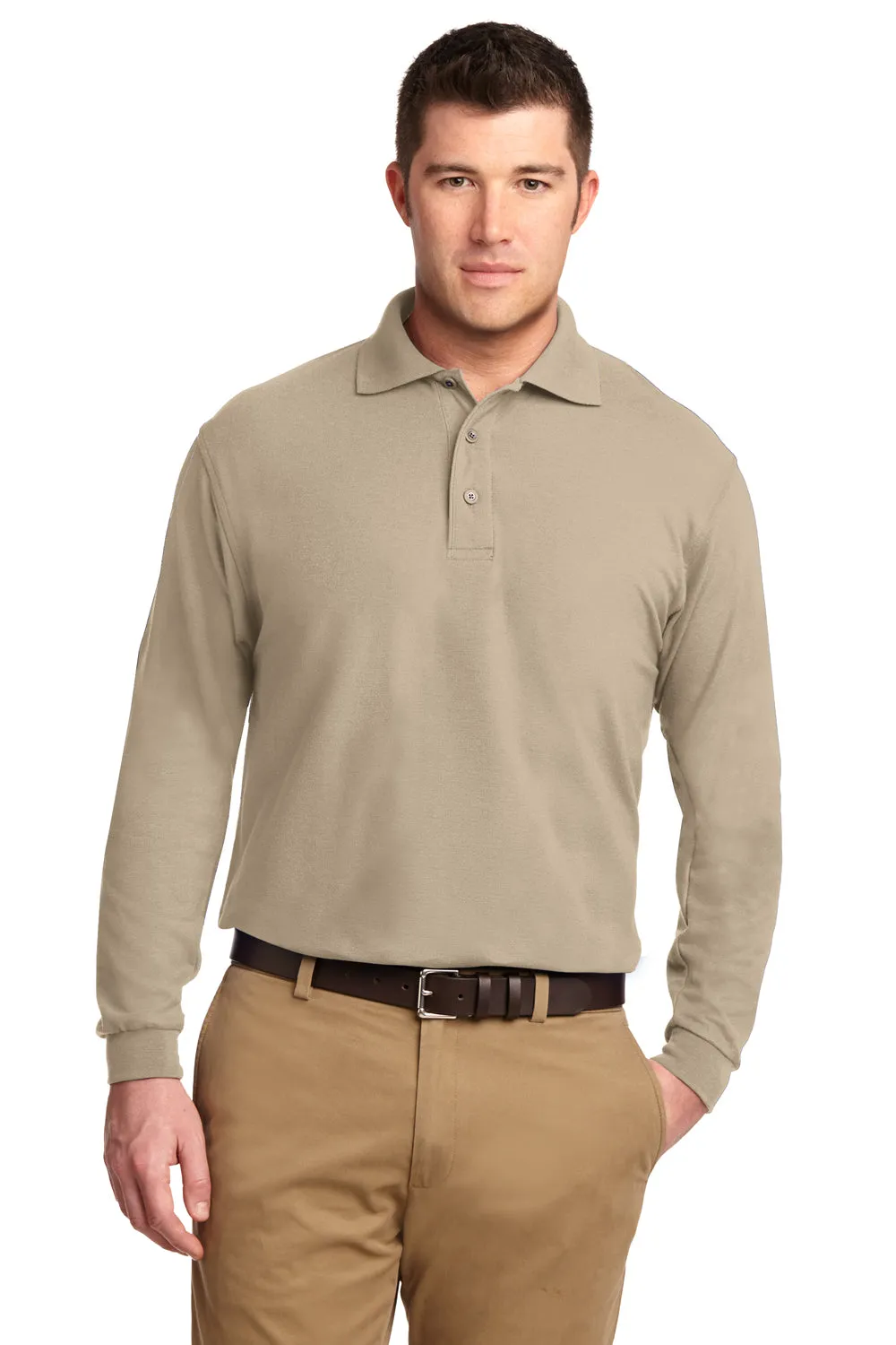 Port Authority Mens Silk Touch Wrinkle Resistant Long Sleeve Polo Shirt - Stone - Closeout