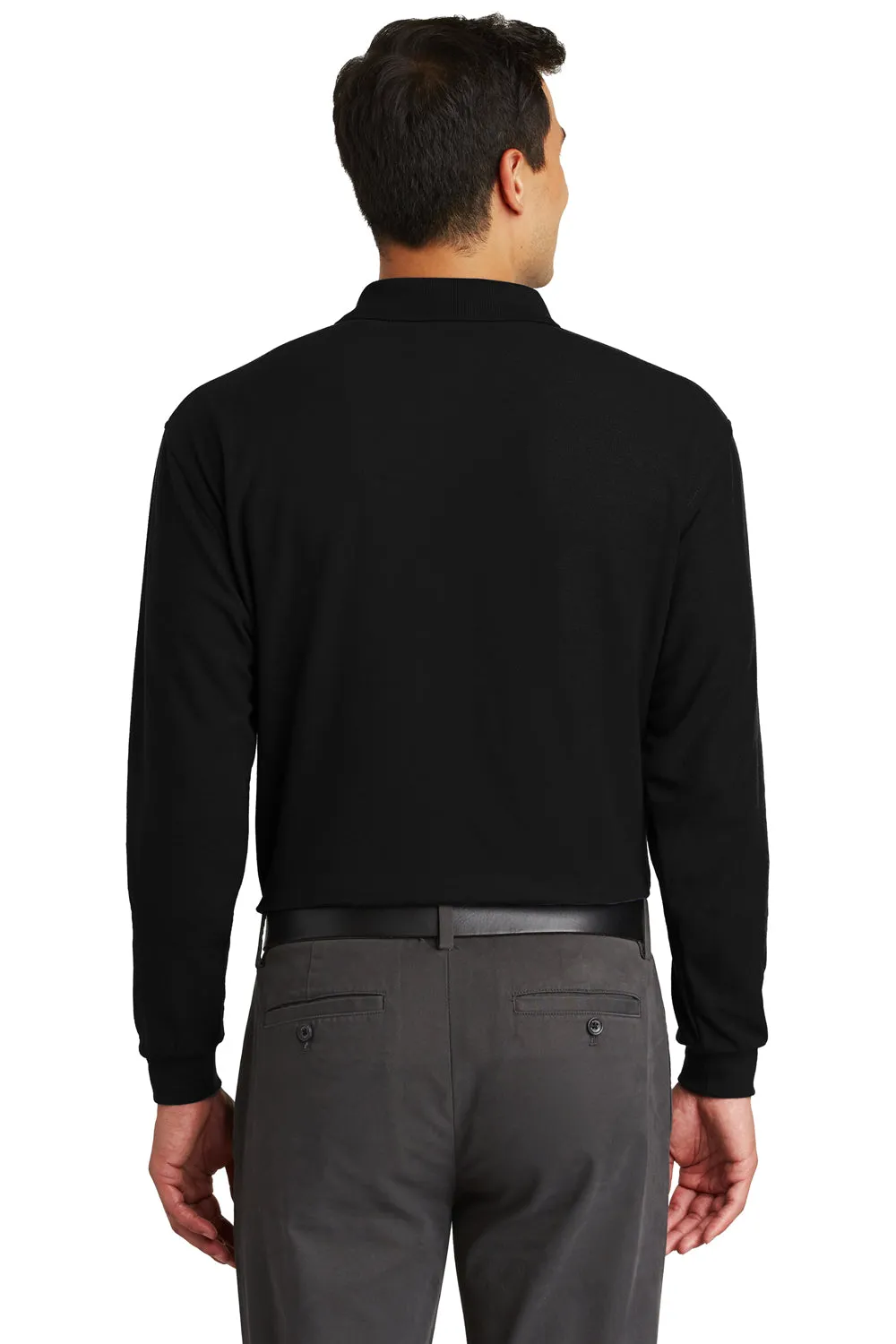Port Authority Mens Silk Touch Wrinkle Resistant Long Sleeve Polo Shirt w/ Pocket - Black