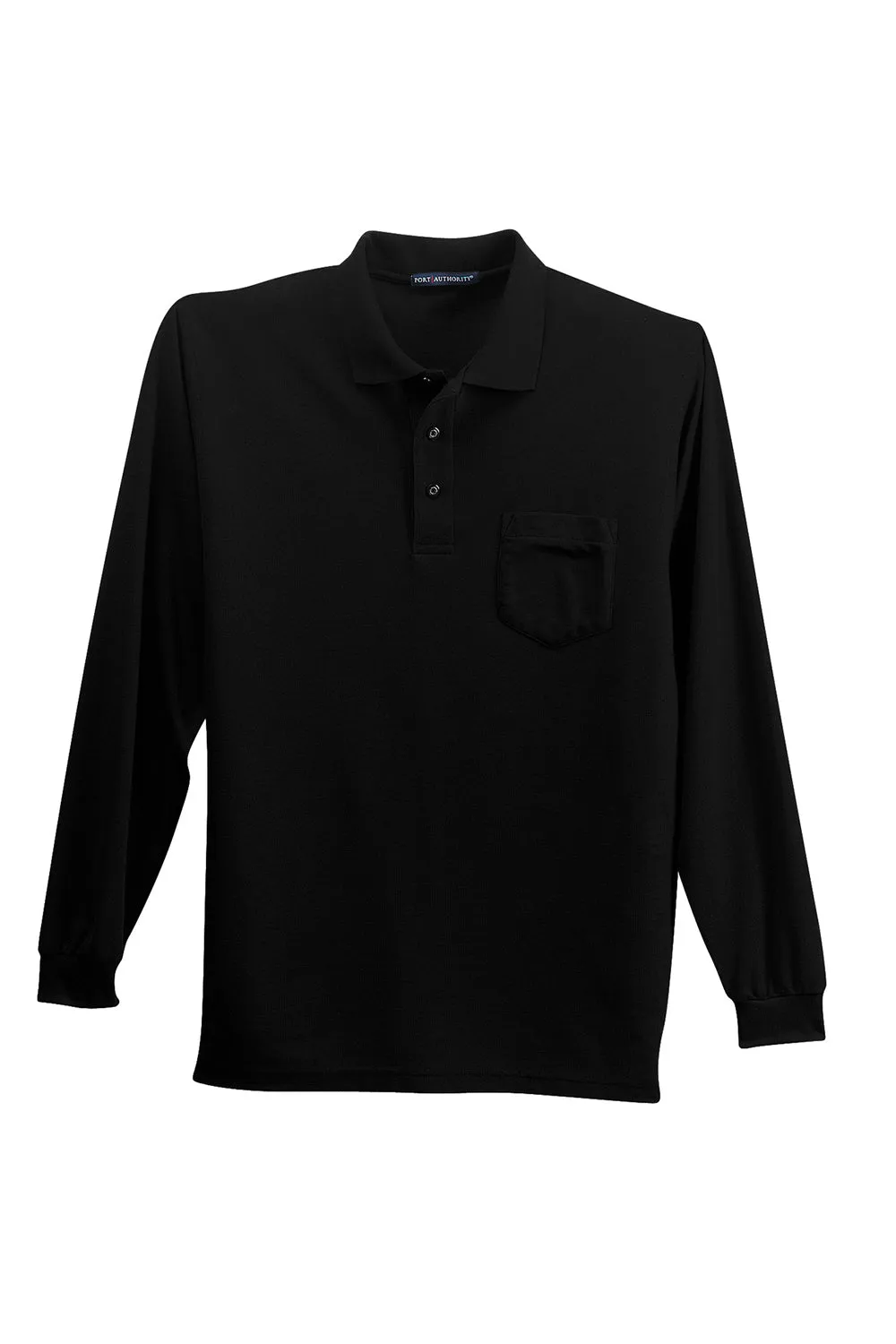 Port Authority Mens Silk Touch Wrinkle Resistant Long Sleeve Polo Shirt w/ Pocket - Black