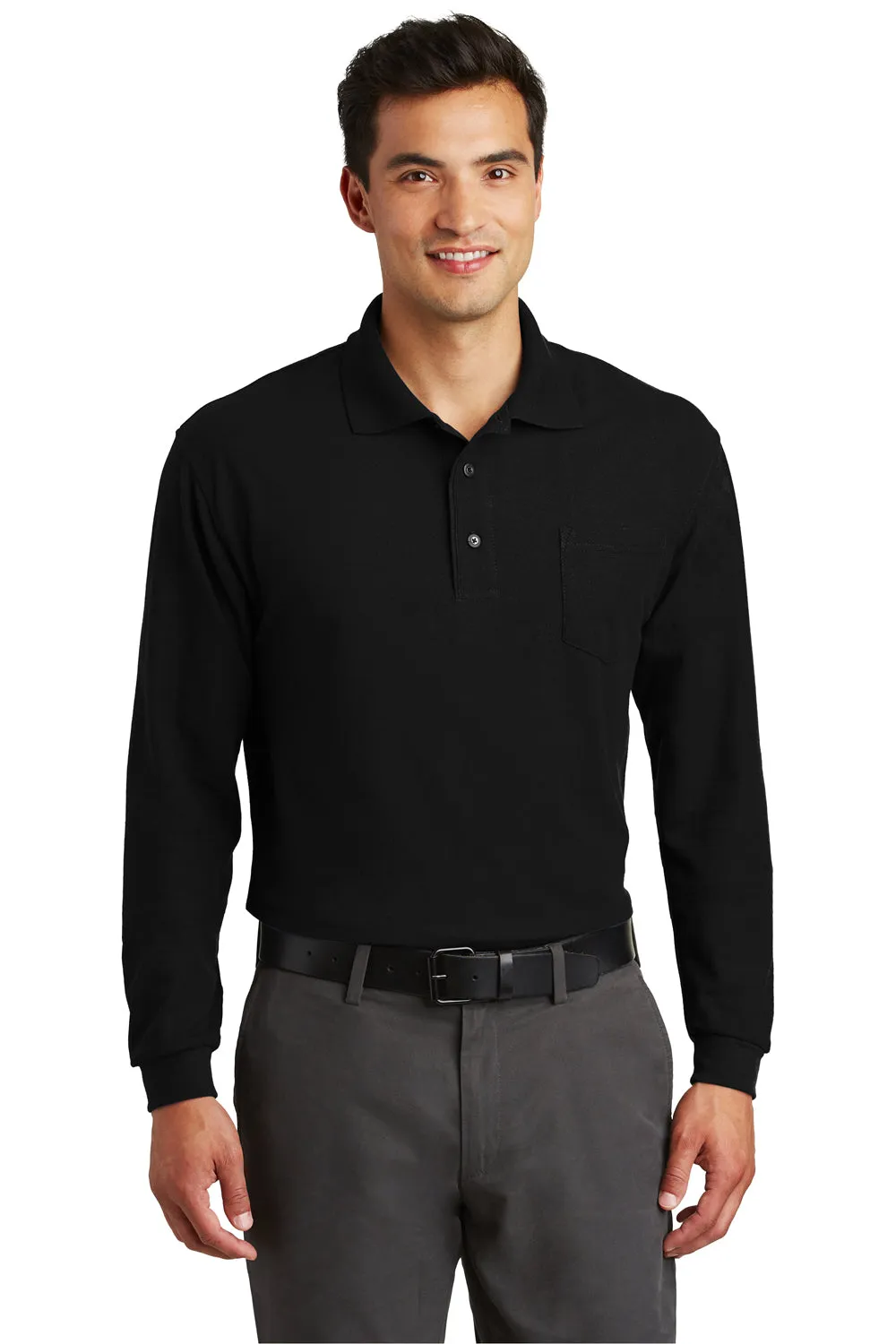 Port Authority Mens Silk Touch Wrinkle Resistant Long Sleeve Polo Shirt w/ Pocket - Black
