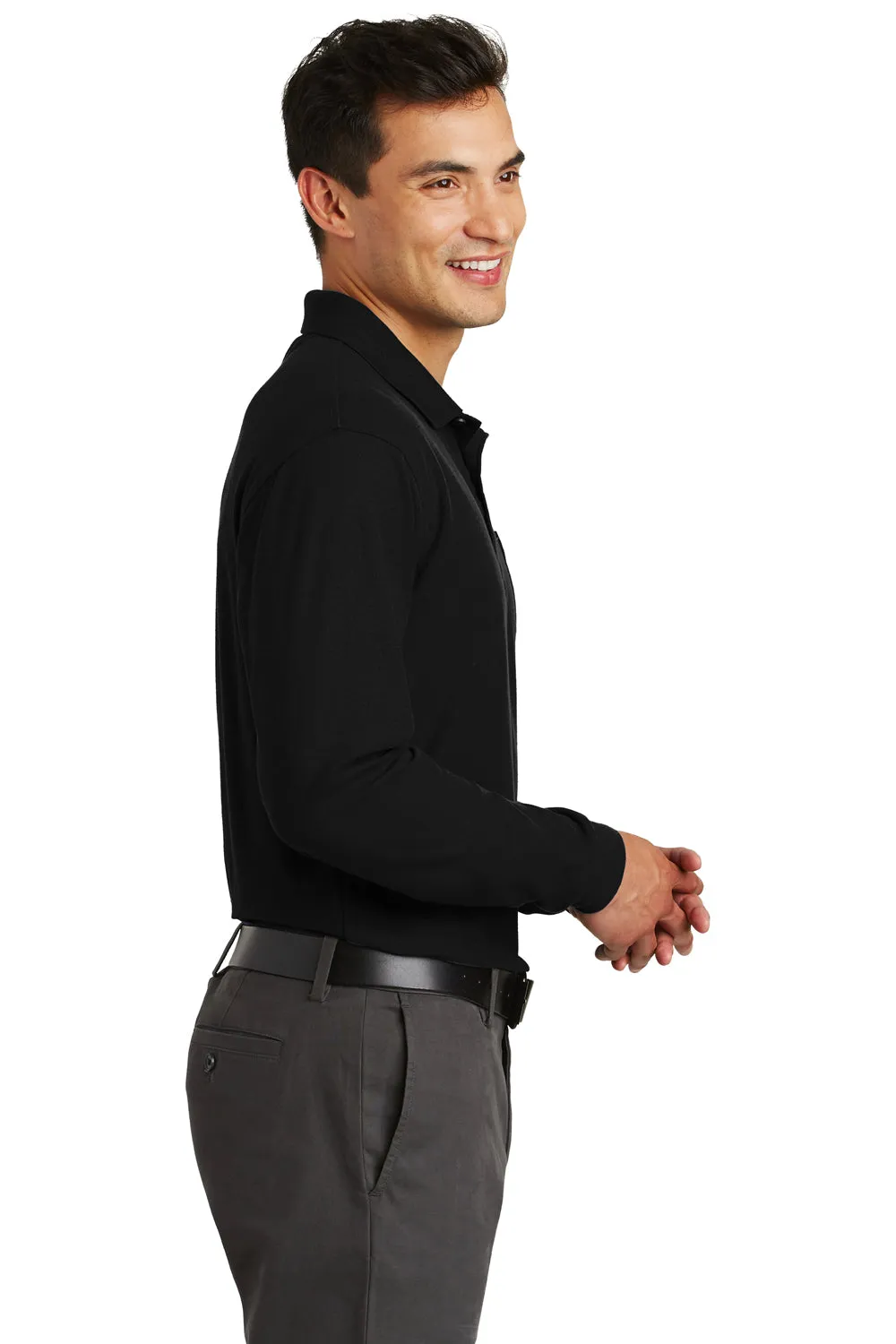 Port Authority Mens Silk Touch Wrinkle Resistant Long Sleeve Polo Shirt w/ Pocket - Black