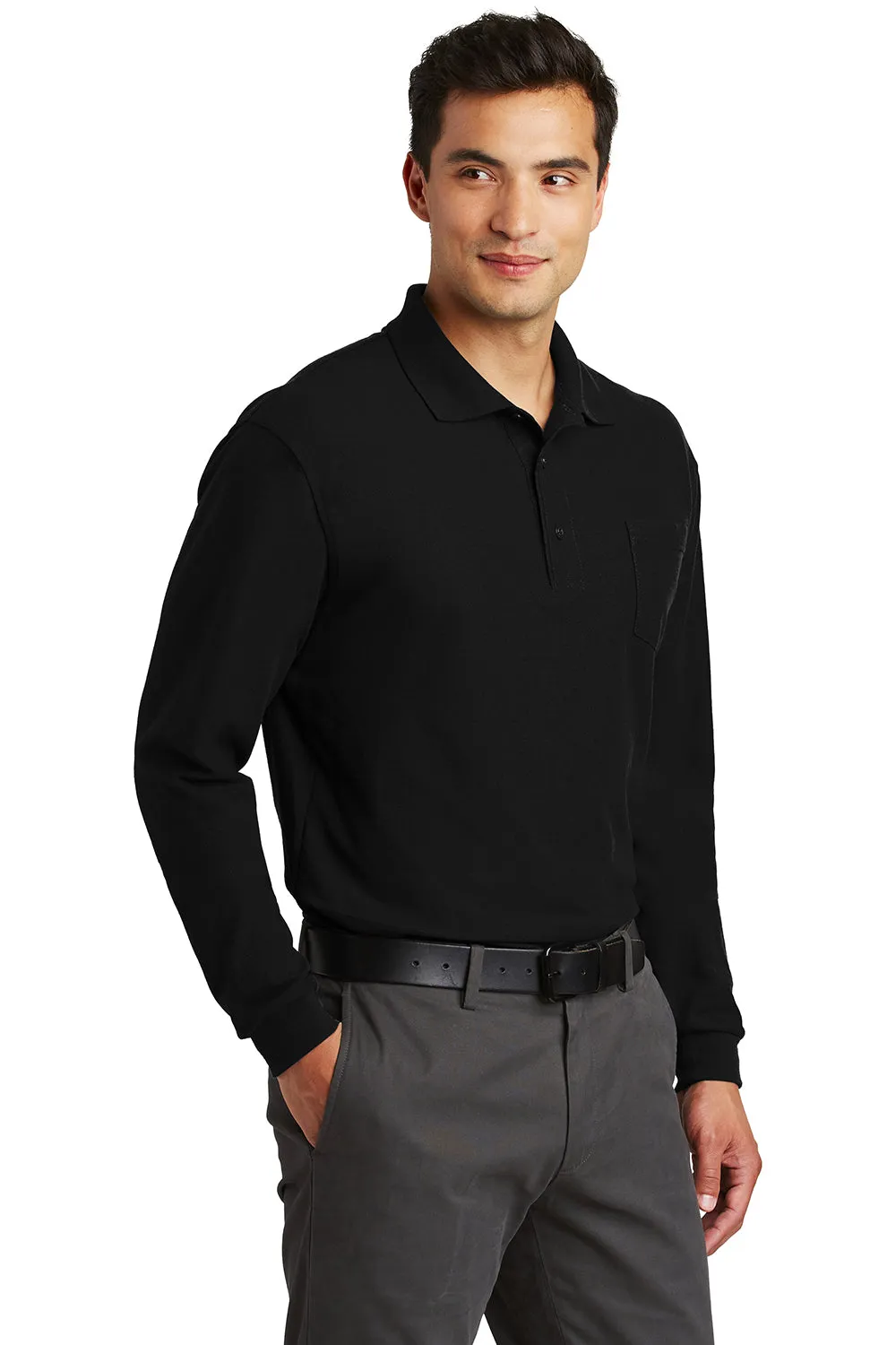 Port Authority Mens Silk Touch Wrinkle Resistant Long Sleeve Polo Shirt w/ Pocket - Black