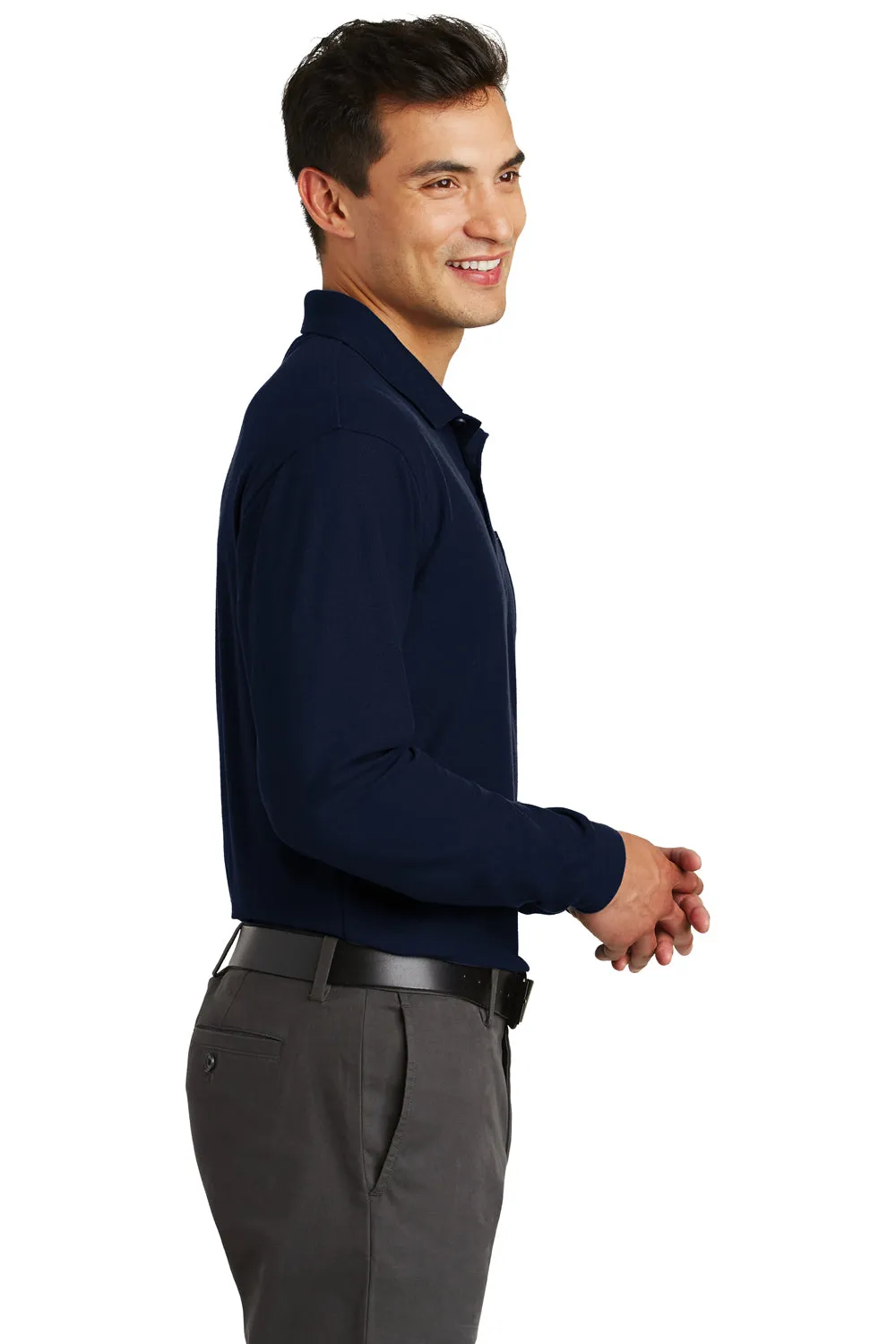 Port Authority Mens Silk Touch Wrinkle Resistant Long Sleeve Polo Shirt w/ Pocket - Navy Blue