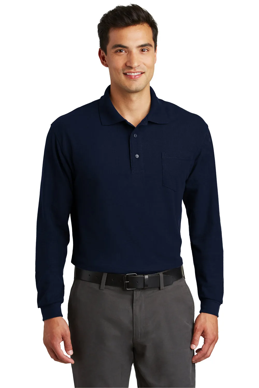 Port Authority Mens Silk Touch Wrinkle Resistant Long Sleeve Polo Shirt w/ Pocket - Navy Blue