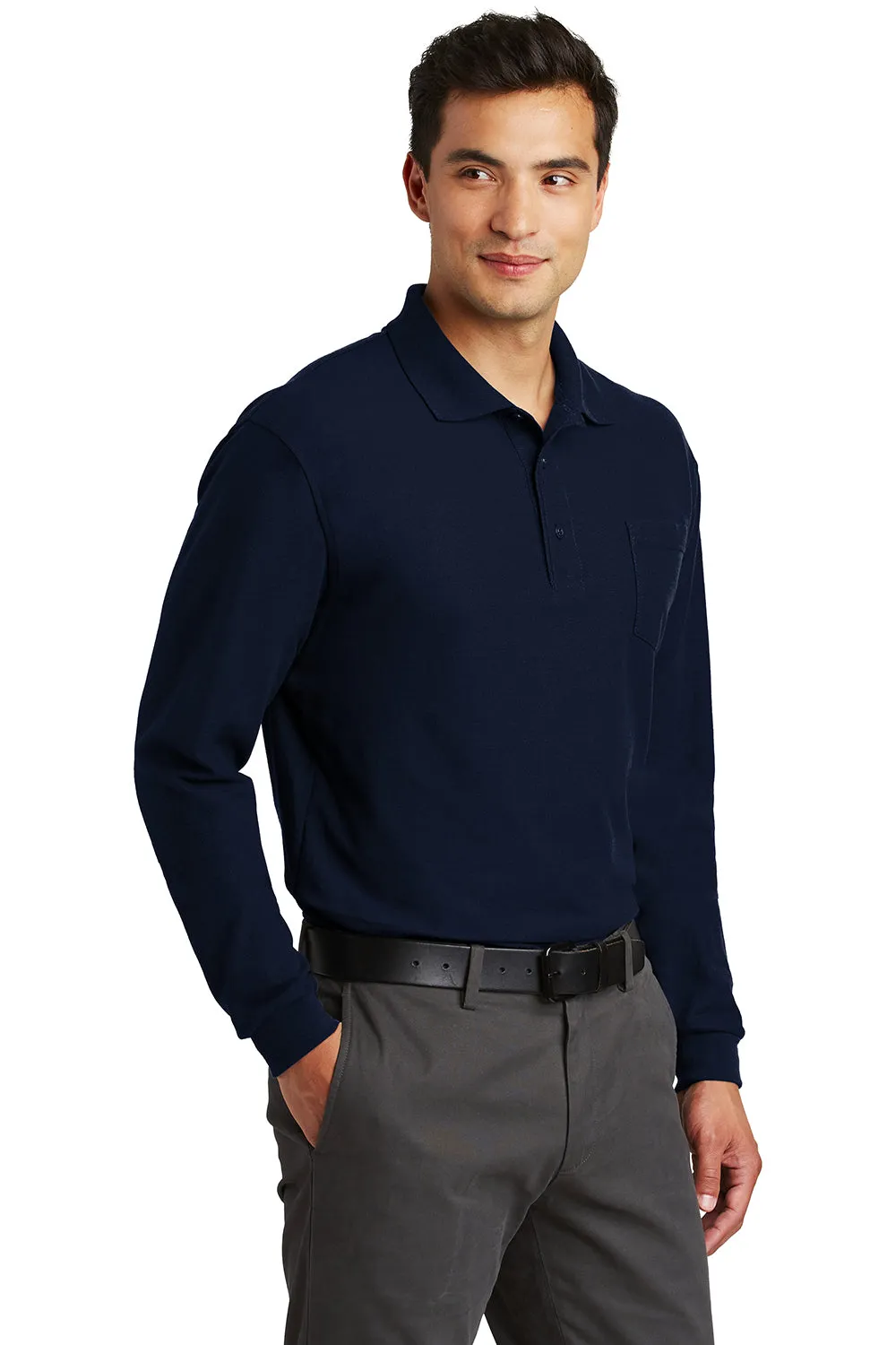 Port Authority Mens Silk Touch Wrinkle Resistant Long Sleeve Polo Shirt w/ Pocket - Navy Blue