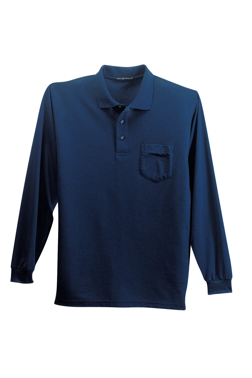 Port Authority Mens Silk Touch Wrinkle Resistant Long Sleeve Polo Shirt w/ Pocket - Navy Blue