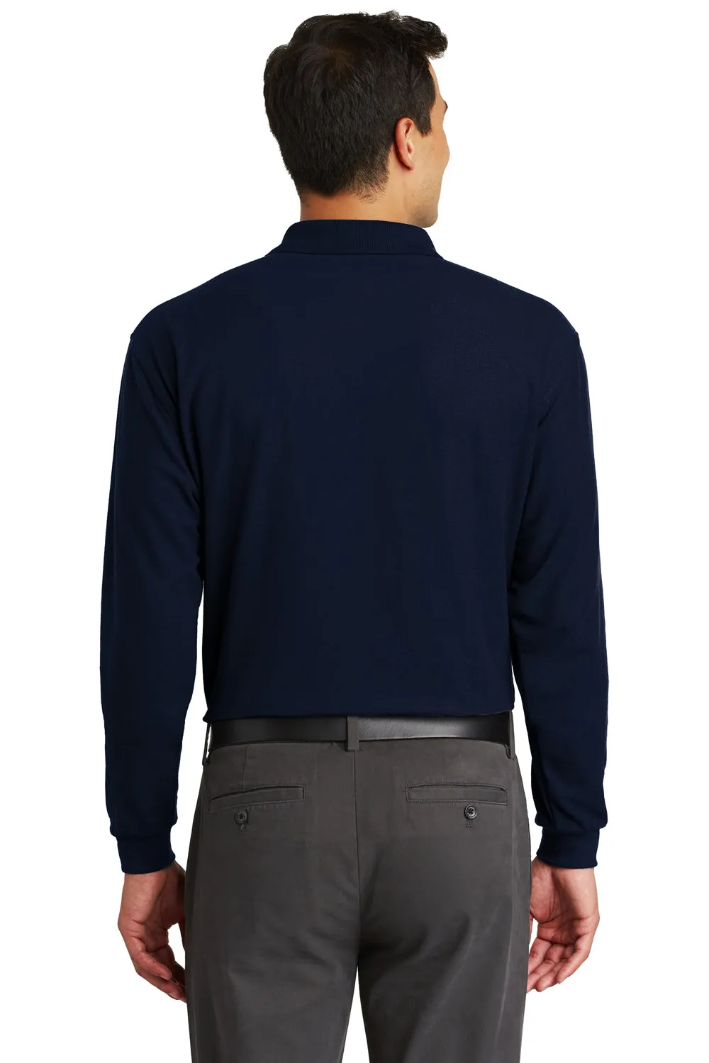 Port Authority Mens Silk Touch Wrinkle Resistant Long Sleeve Polo Shirt w/ Pocket - Navy Blue
