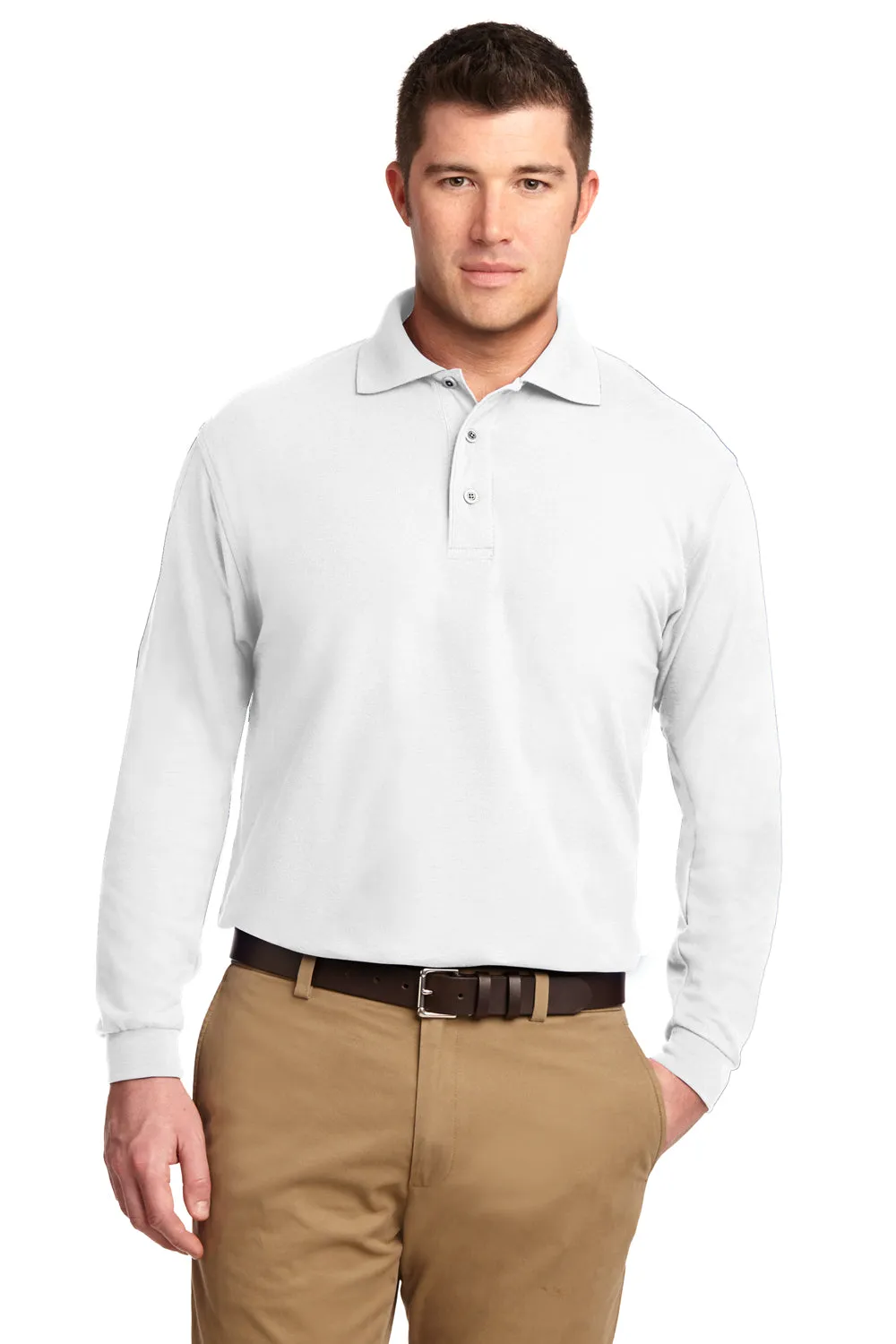 Port Authority Mens Silk Touch Wrinkle Resistant Long Sleeve Polo Shirt - White