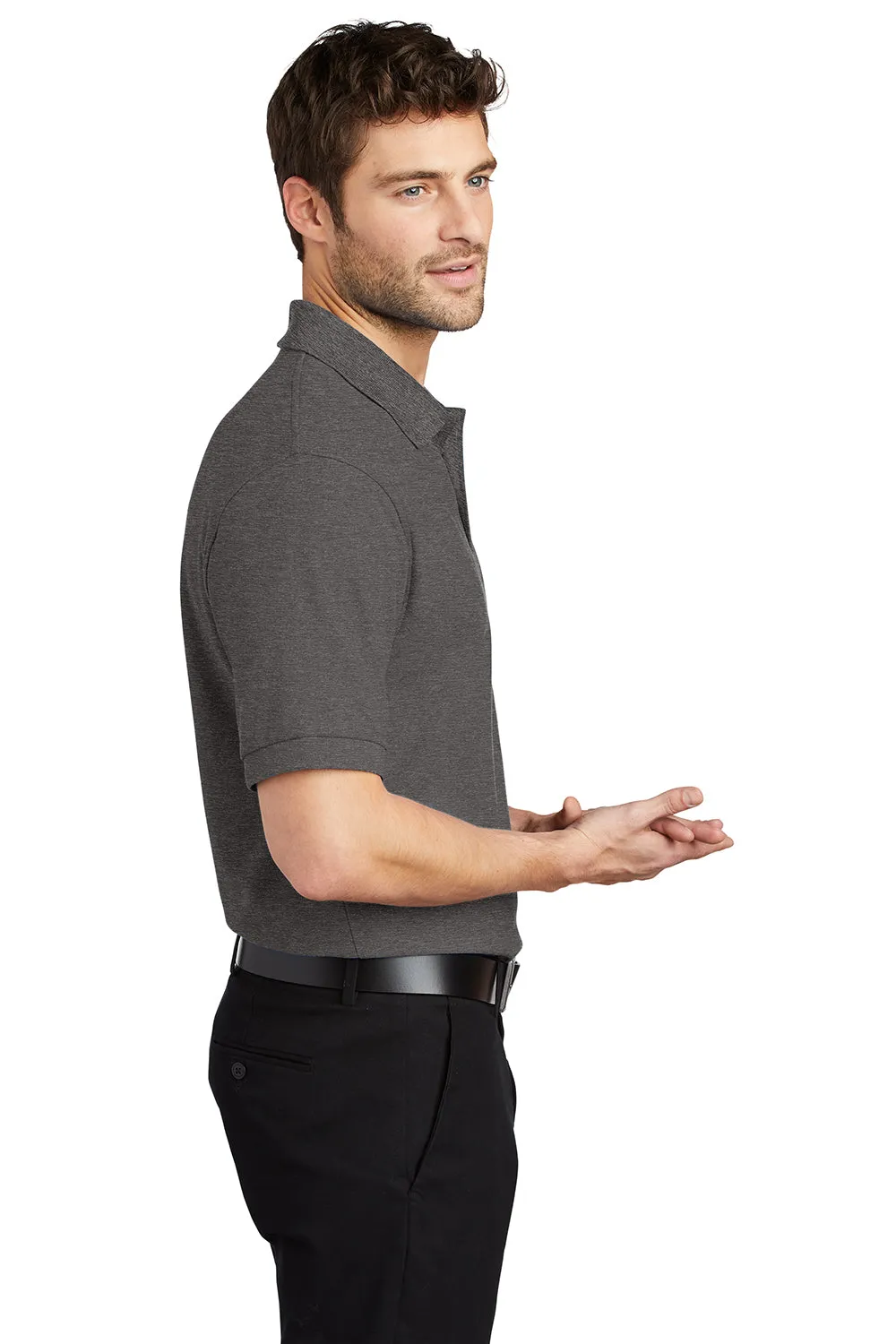 Port Authority Mens Silk Touch Wrinkle Resistant Short Sleeve Polo Shirt - Heather Charcoal Grey