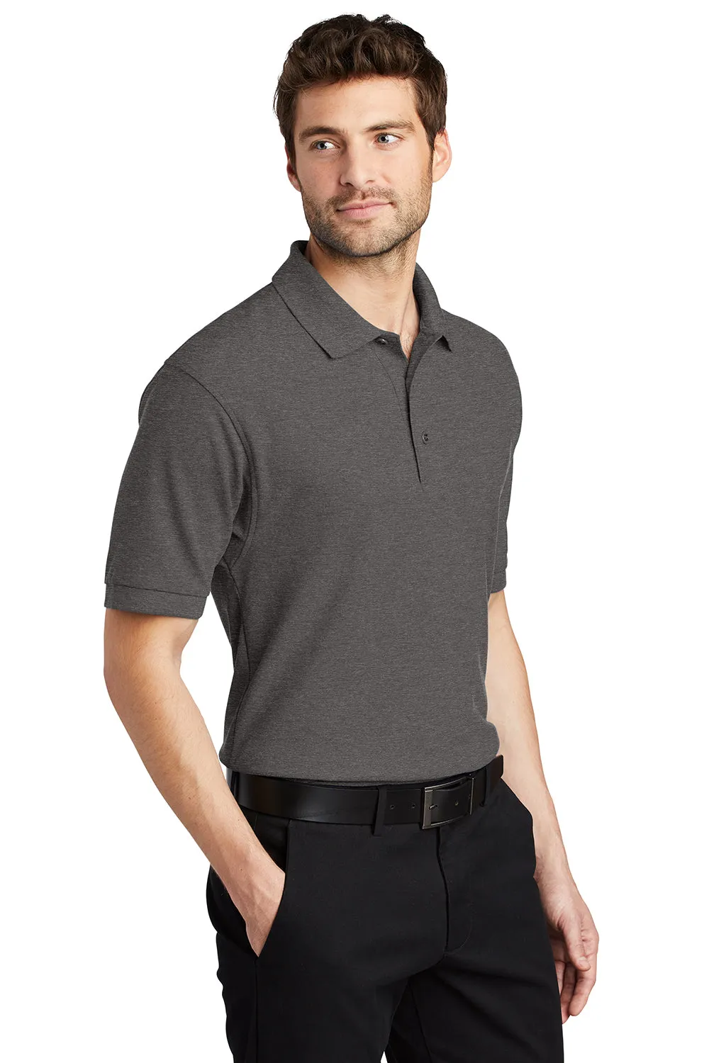 Port Authority Mens Silk Touch Wrinkle Resistant Short Sleeve Polo Shirt - Heather Charcoal Grey