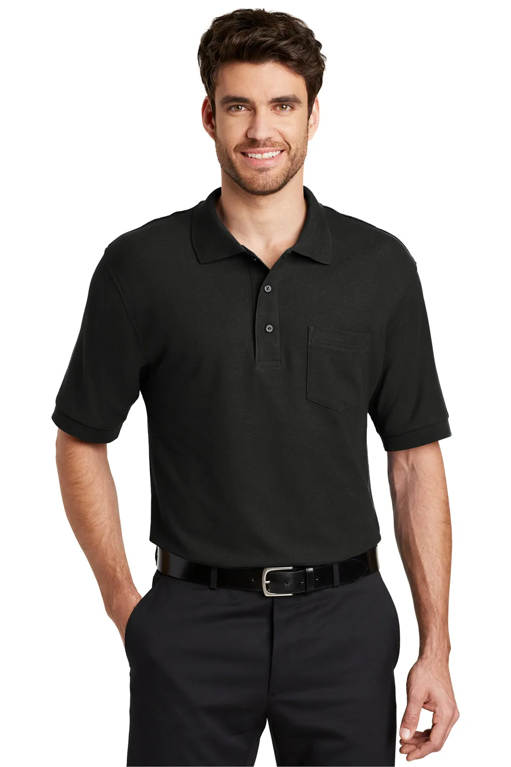 Port Authority Mens Silk Touch Wrinkle Resistant Short Sleeve Polo Shirt w/ Pocket - Black