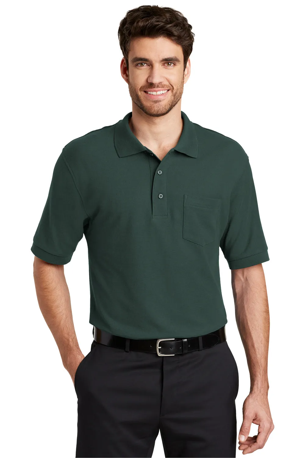 Port Authority Mens Silk Touch Wrinkle Resistant Short Sleeve Polo Shirt w/ Pocket - Dark Green