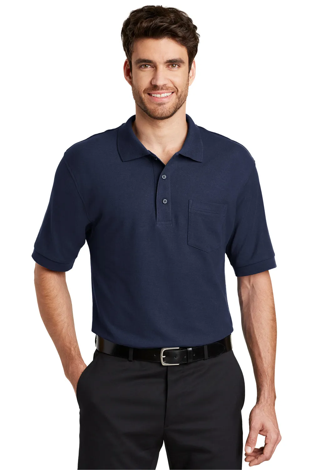 Port Authority Mens Silk Touch Wrinkle Resistant Short Sleeve Polo Shirt w/ Pocket - Navy Blue