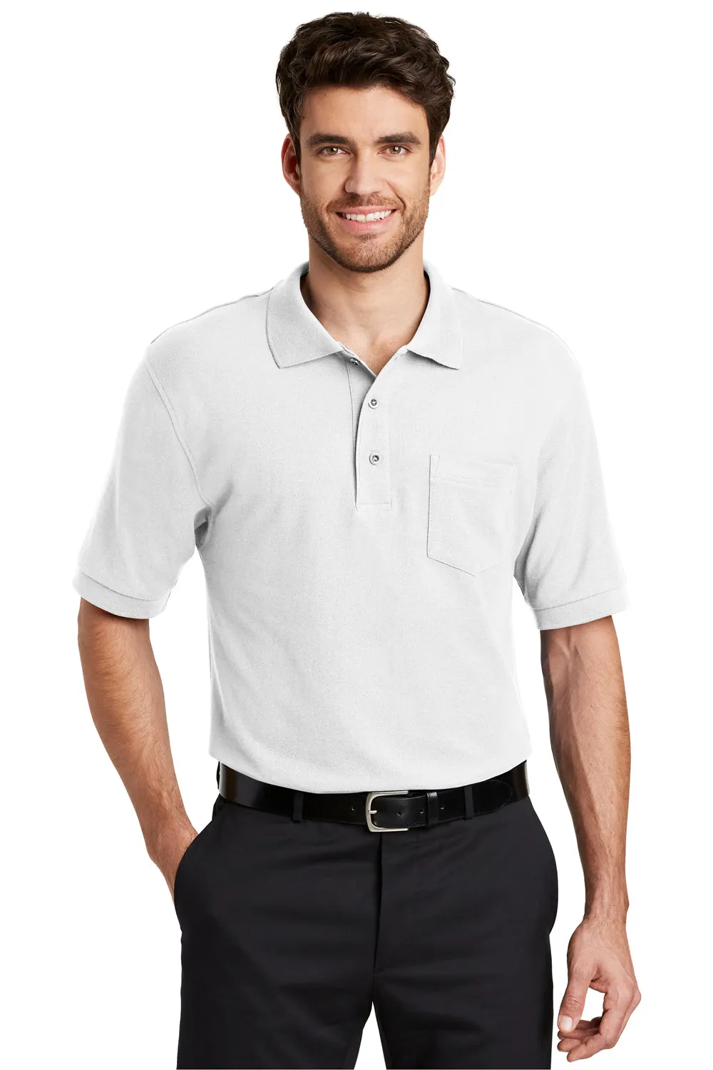 Port Authority Mens Silk Touch Wrinkle Resistant Short Sleeve Polo Shirt w/ Pocket - White - Closeout