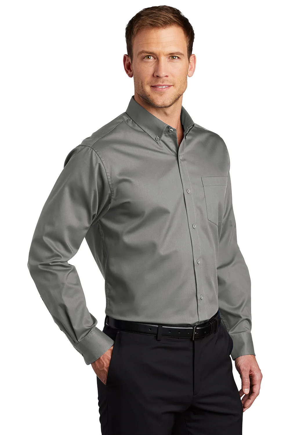 Port Authority Mens SuperPro Wrinkle Resistant Long Sleeve Button Down Shirt w/ Pocket - Monument Grey