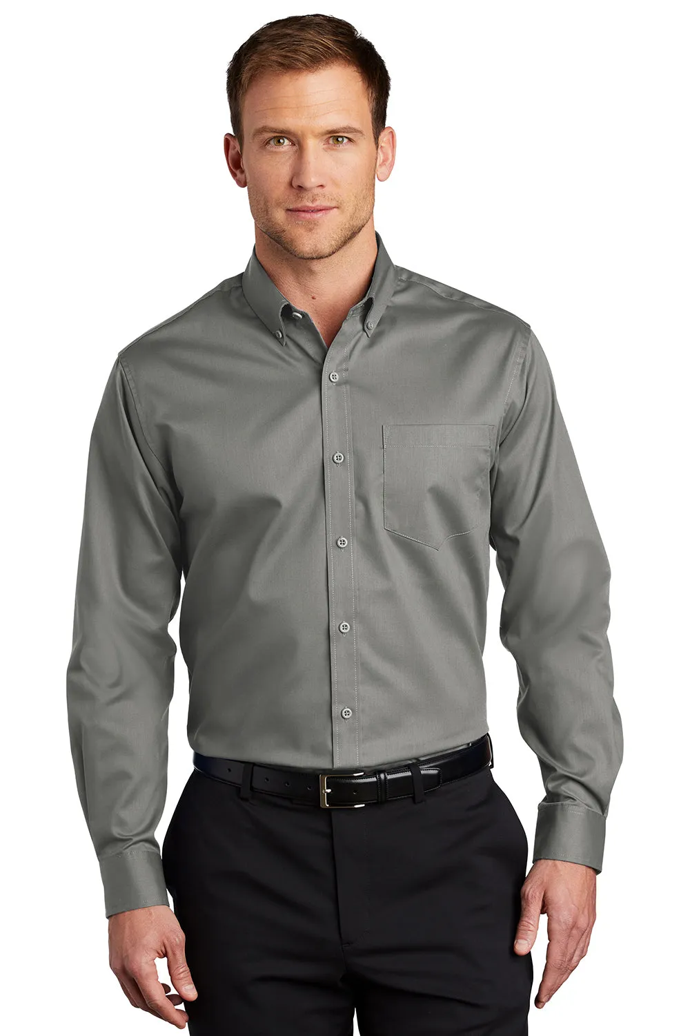 Port Authority Mens SuperPro Wrinkle Resistant Long Sleeve Button Down Shirt w/ Pocket - Monument Grey
