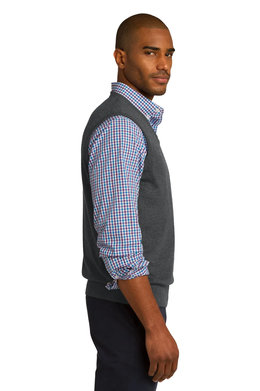 Port Authority Mens V-Neck Sweater Vest - Heather Charcoal Grey - Closeout