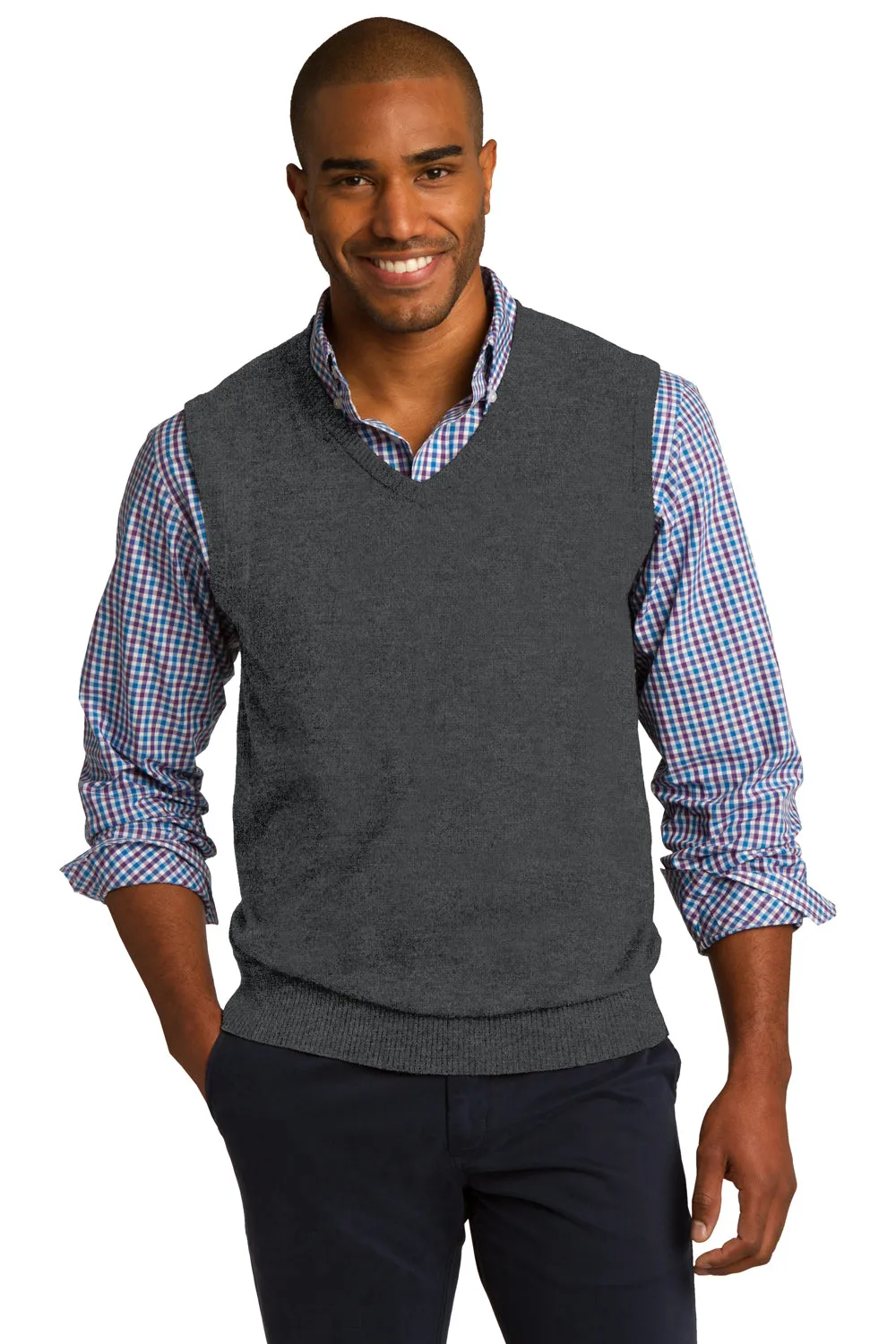 Port Authority Mens V-Neck Sweater Vest - Heather Charcoal Grey - Closeout