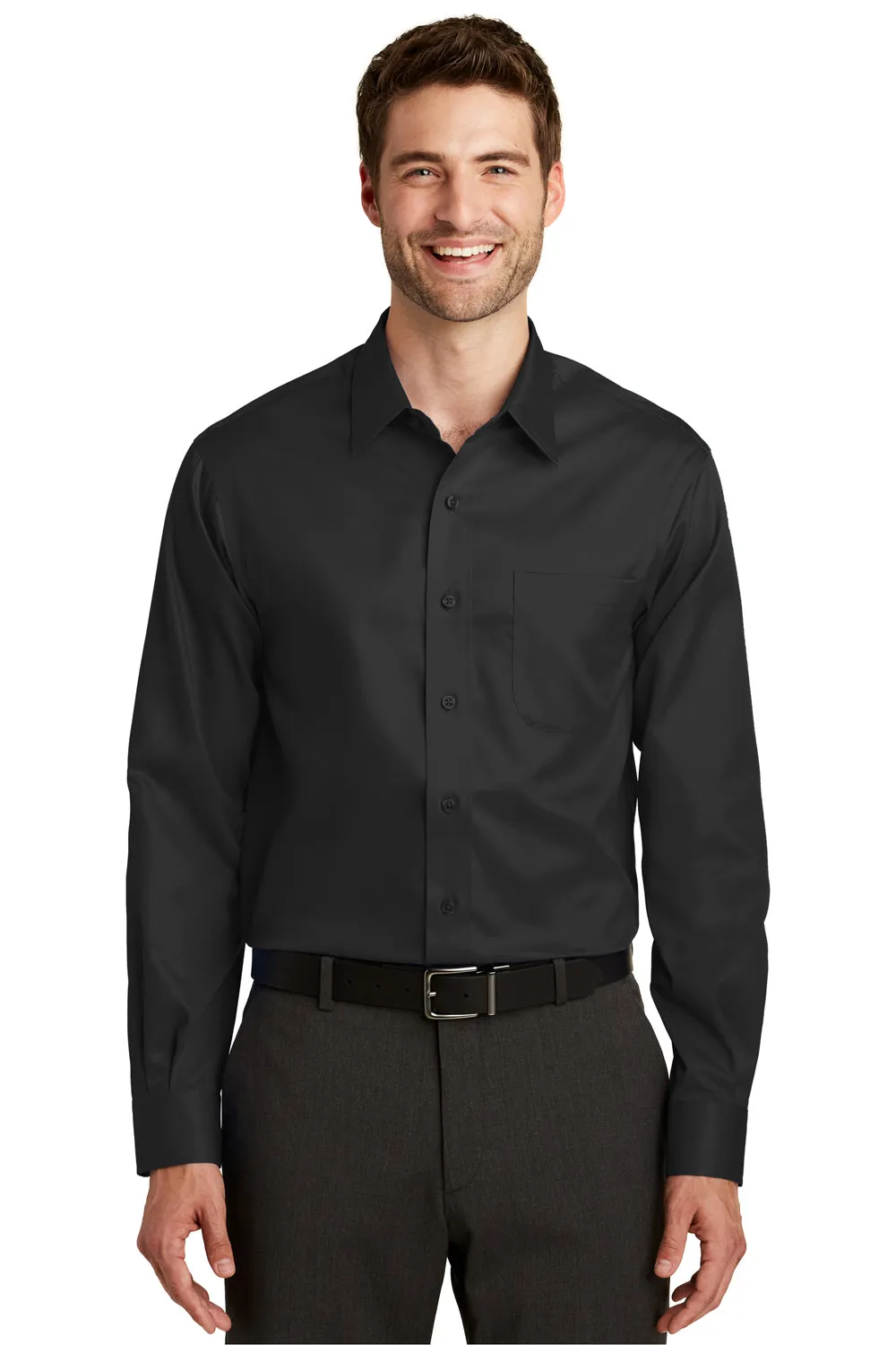 Port Authority Mens Wrinkle Resistant Long Sleeve Button Down Shirt w/ Pocket - Black - Closeout