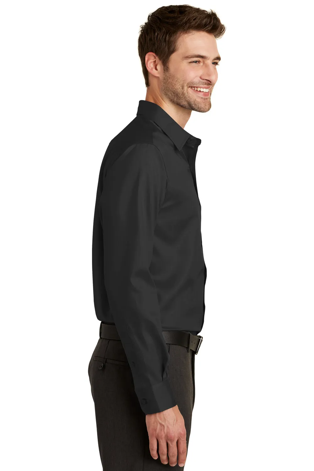 Port Authority Mens Wrinkle Resistant Long Sleeve Button Down Shirt w/ Pocket - Black - Closeout