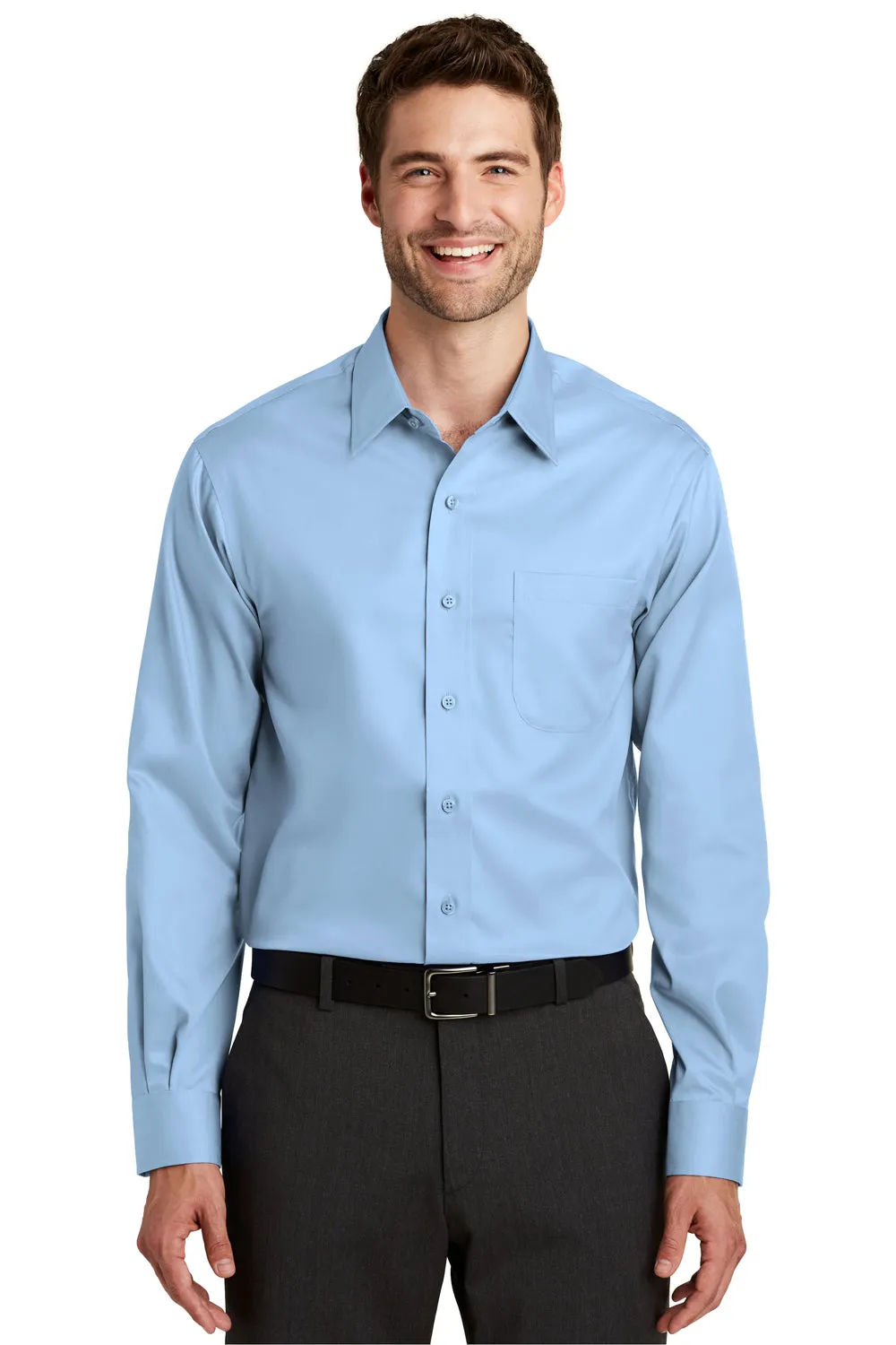 Port Authority Mens Wrinkle Resistant Long Sleeve Button Down Shirt w/ Pocket - Sky Blue - Closeout